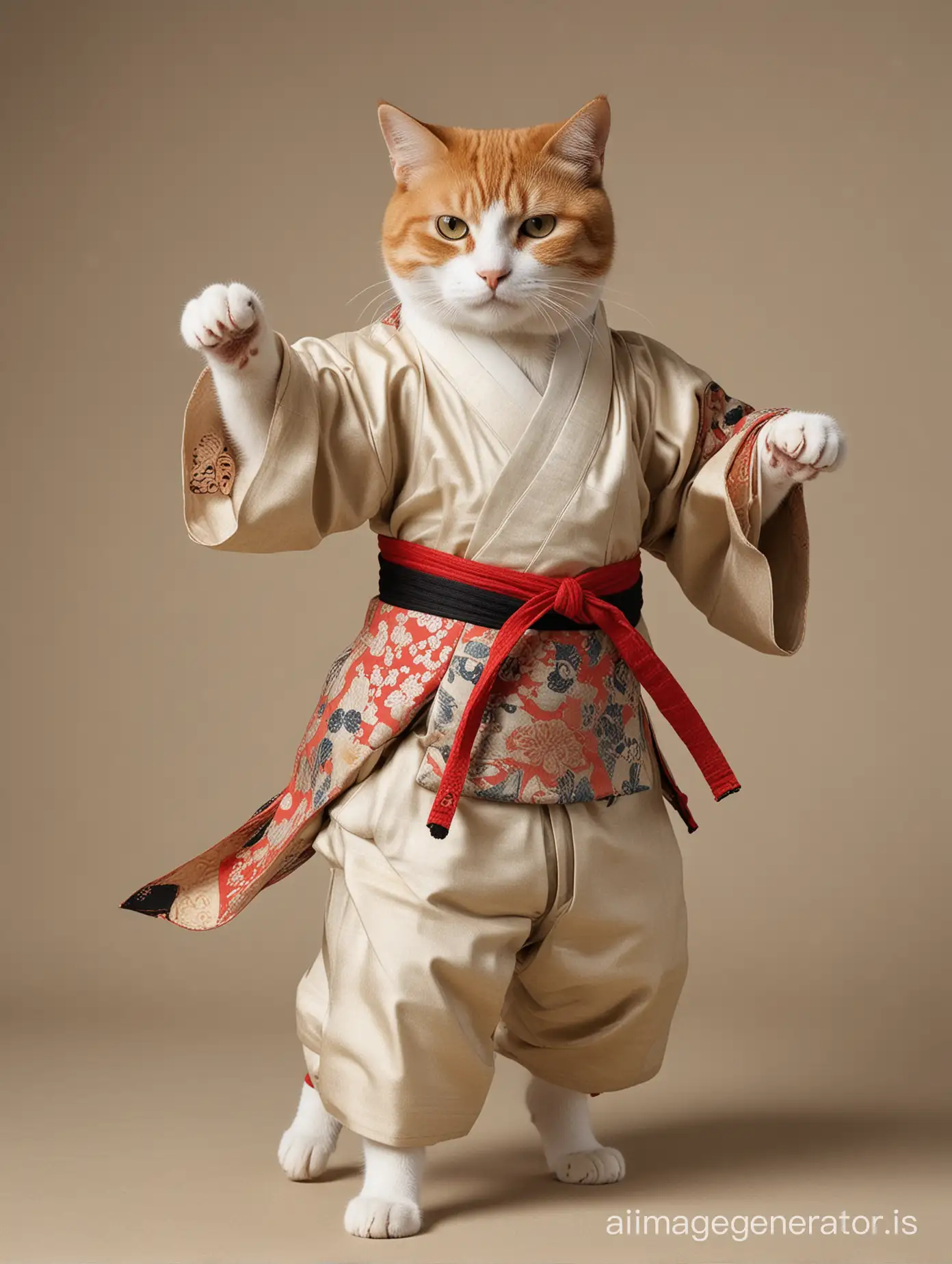 The cat in motion depicts martial arts of the East, with the cat wearing clothing from the 16th century in Japan