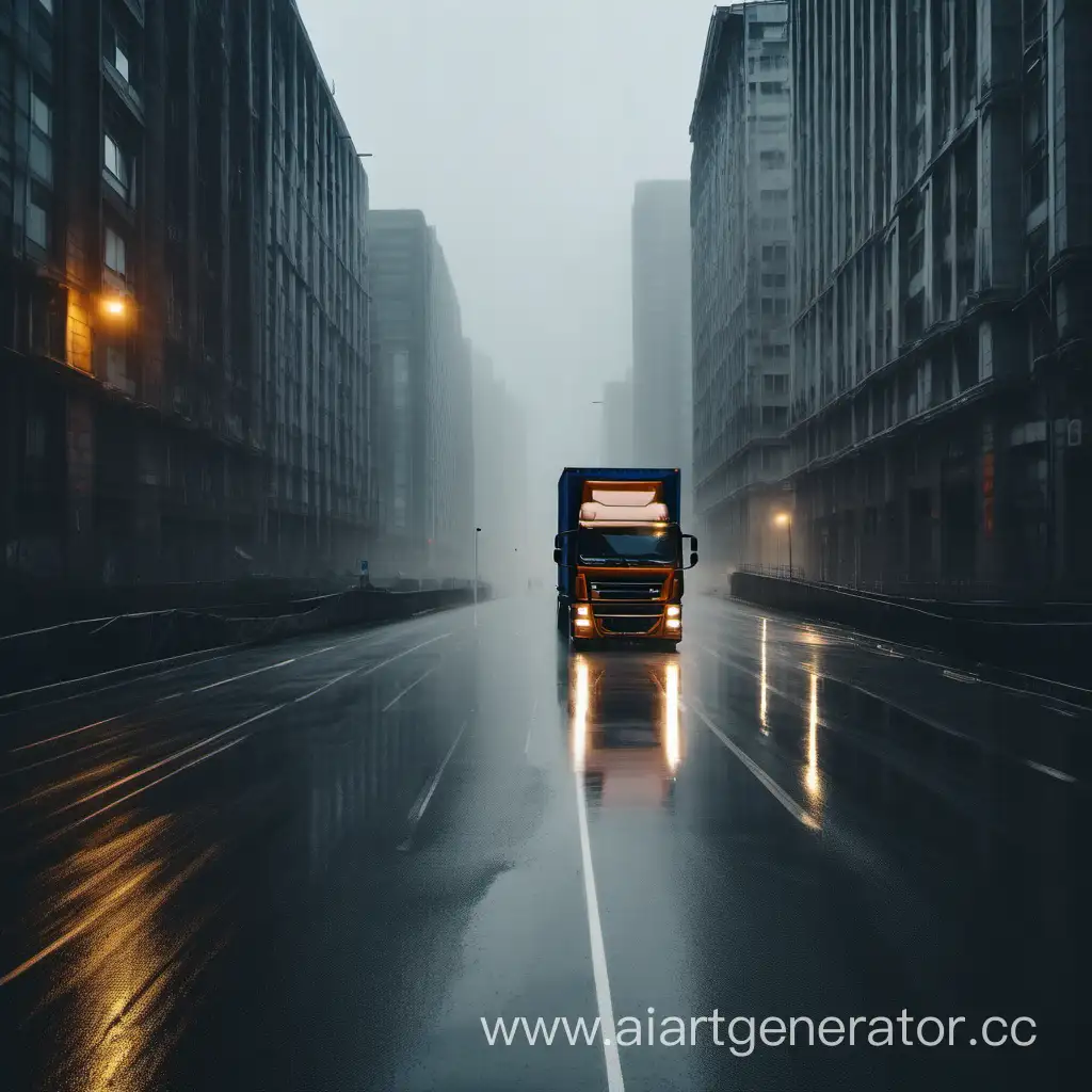 мрачная дождливая улица города, по которой едет грузовик. он безлюдна