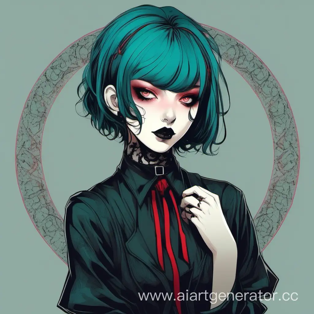 Girl with short dark turquoise hair and pale red eyes. Goth clothes. Full size portrait 