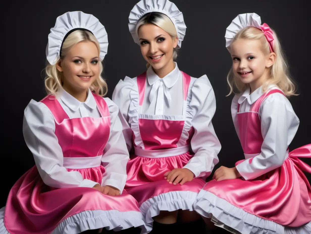 two black and blonde hair  mothers and their black hair litle daughters in satin dark pink english maid long uniforms smiled