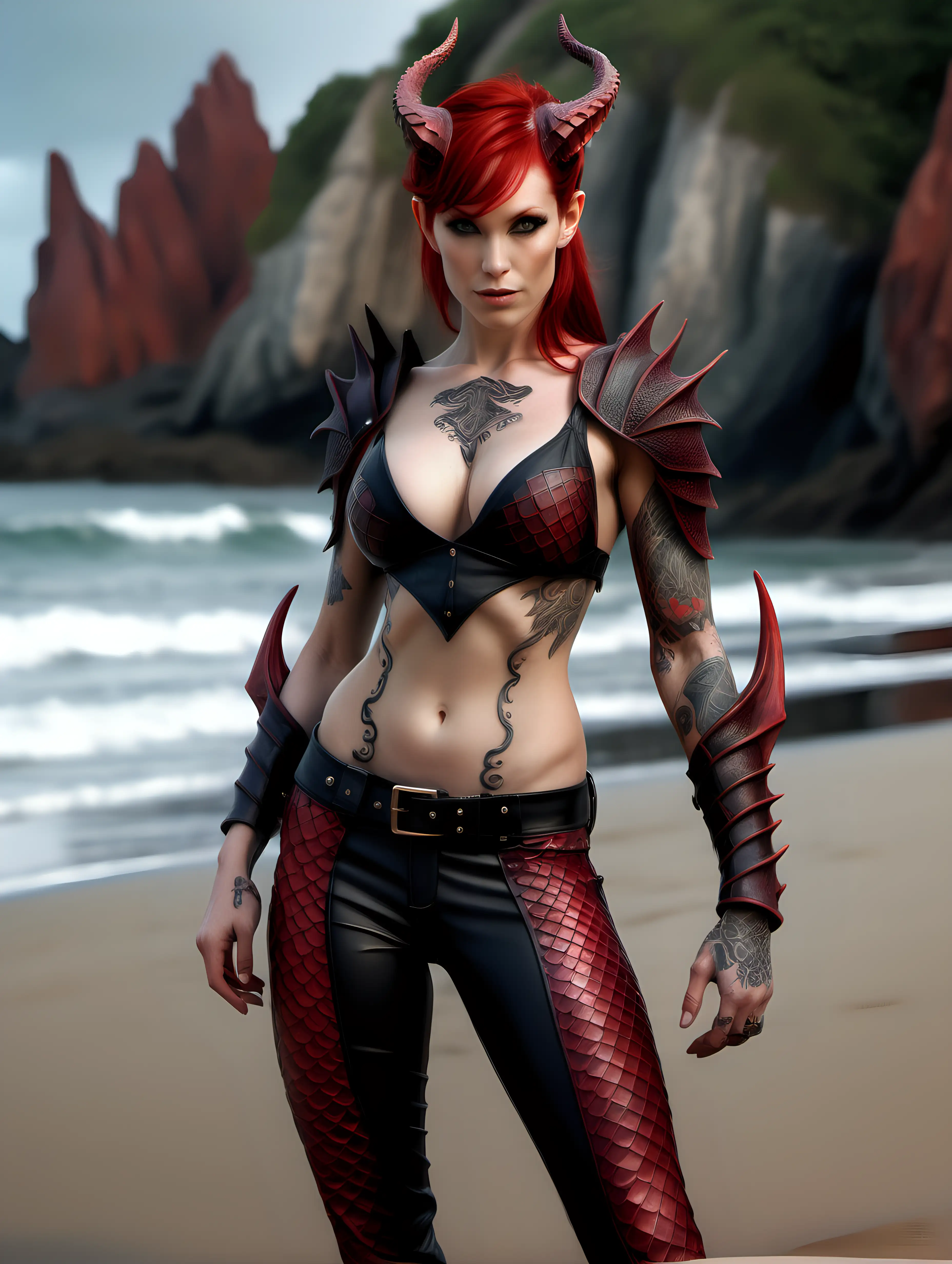 ultra-realistic high resolution and highly detailed photo of a female human dragonrider, with sleek pointy horns gently swept straight backwards over head, large breasts, red hair, open front top made of red scales, low pants made of black scales,  and draconic tattoos on arms and body, standing on a beach