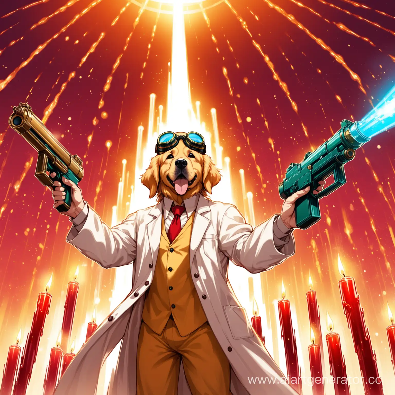 ful body retro funny face golden retriver wear lab protect goggles and lab coat , hand holding gun slyndrical lab tube soaring fantastic luqid , experimental , good vibes , shooting to trader red candels