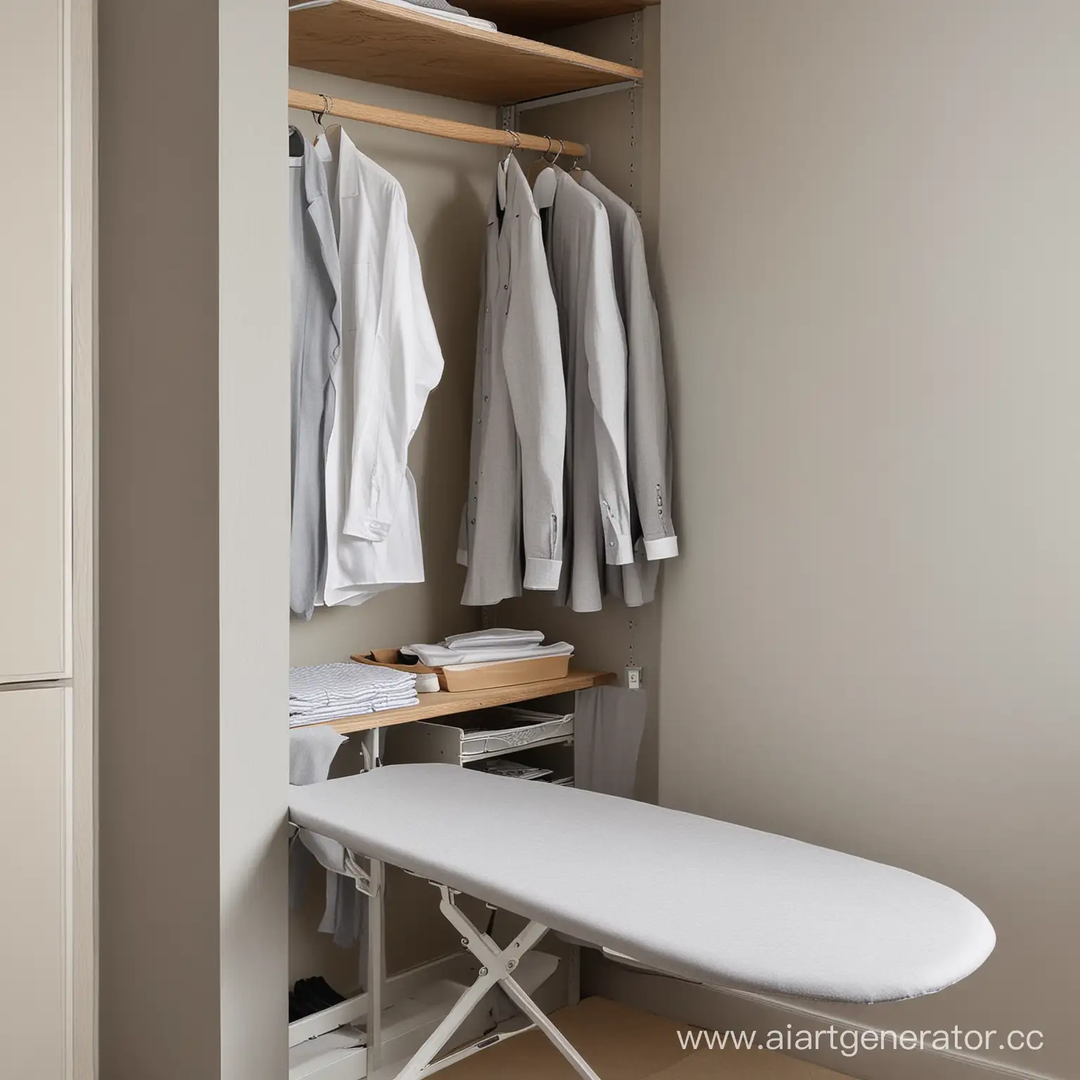 Гладильная доска серого цвета встроенная в шкаф с поглаженным бельем 