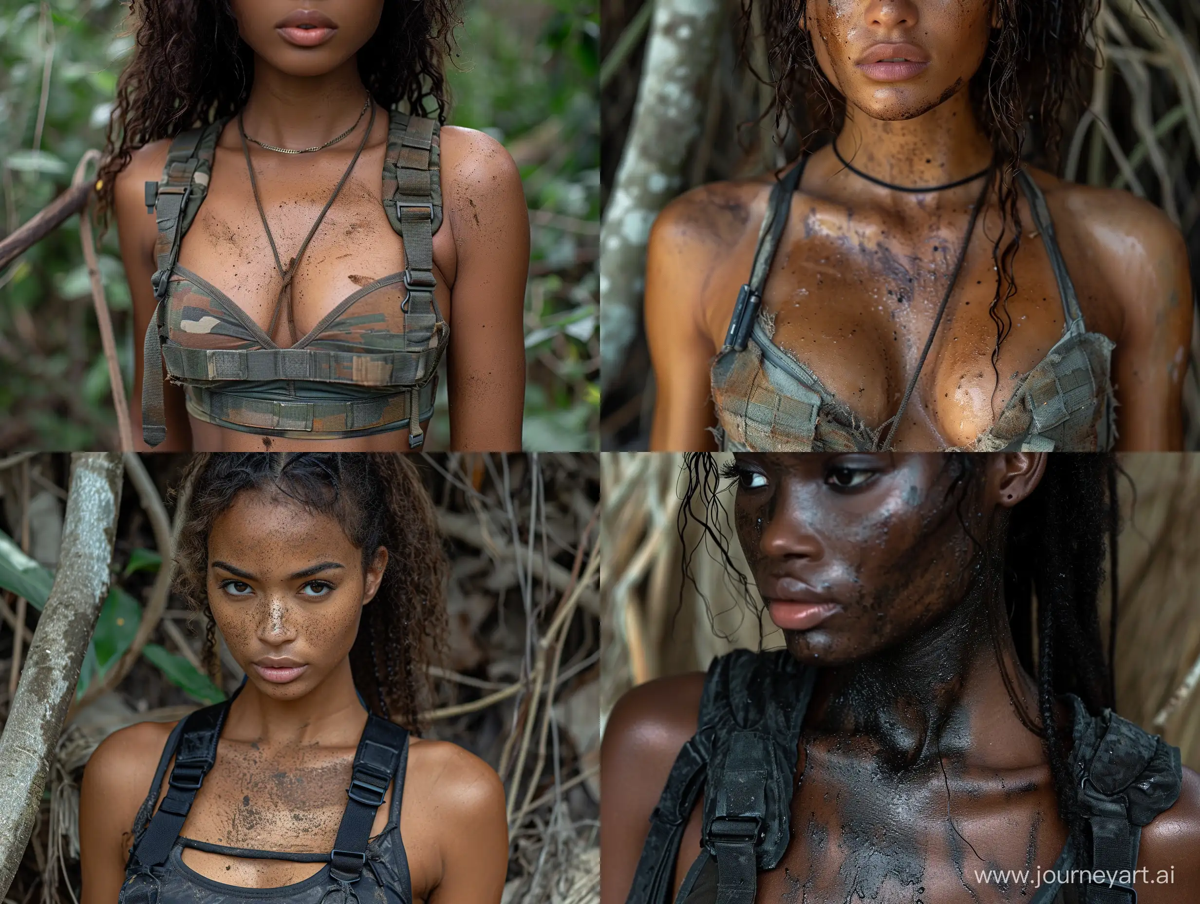Hyper realistic photo of beautiful ebony skin in dirt female opened neckline S.T.A.L.K.E.R dark tactical equipment dead trees --s 999  --style raw --v 6