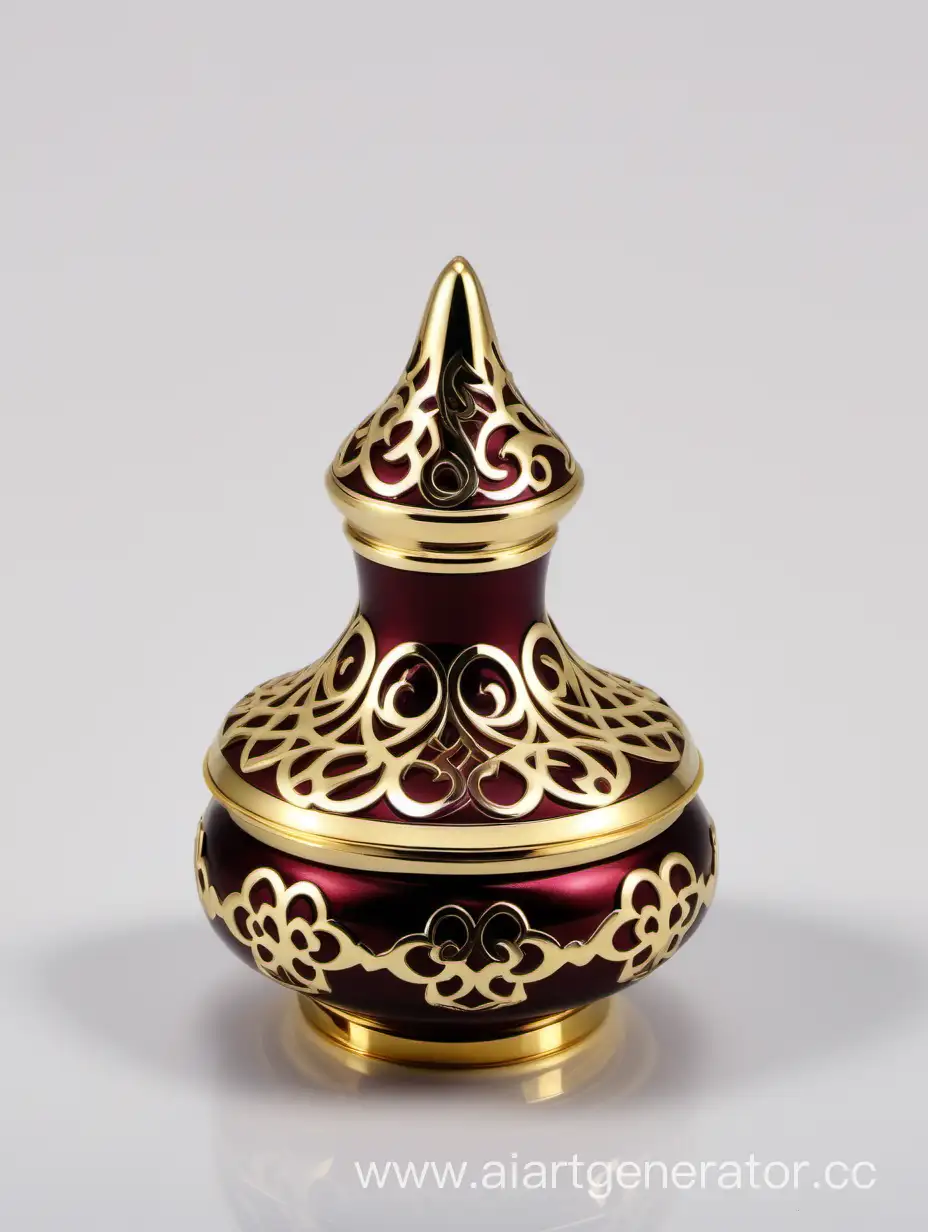 Zamac Perfume decorative ornamental long cap, gold color with dark maroon border line arabesque pattern shaped | metallizing finish