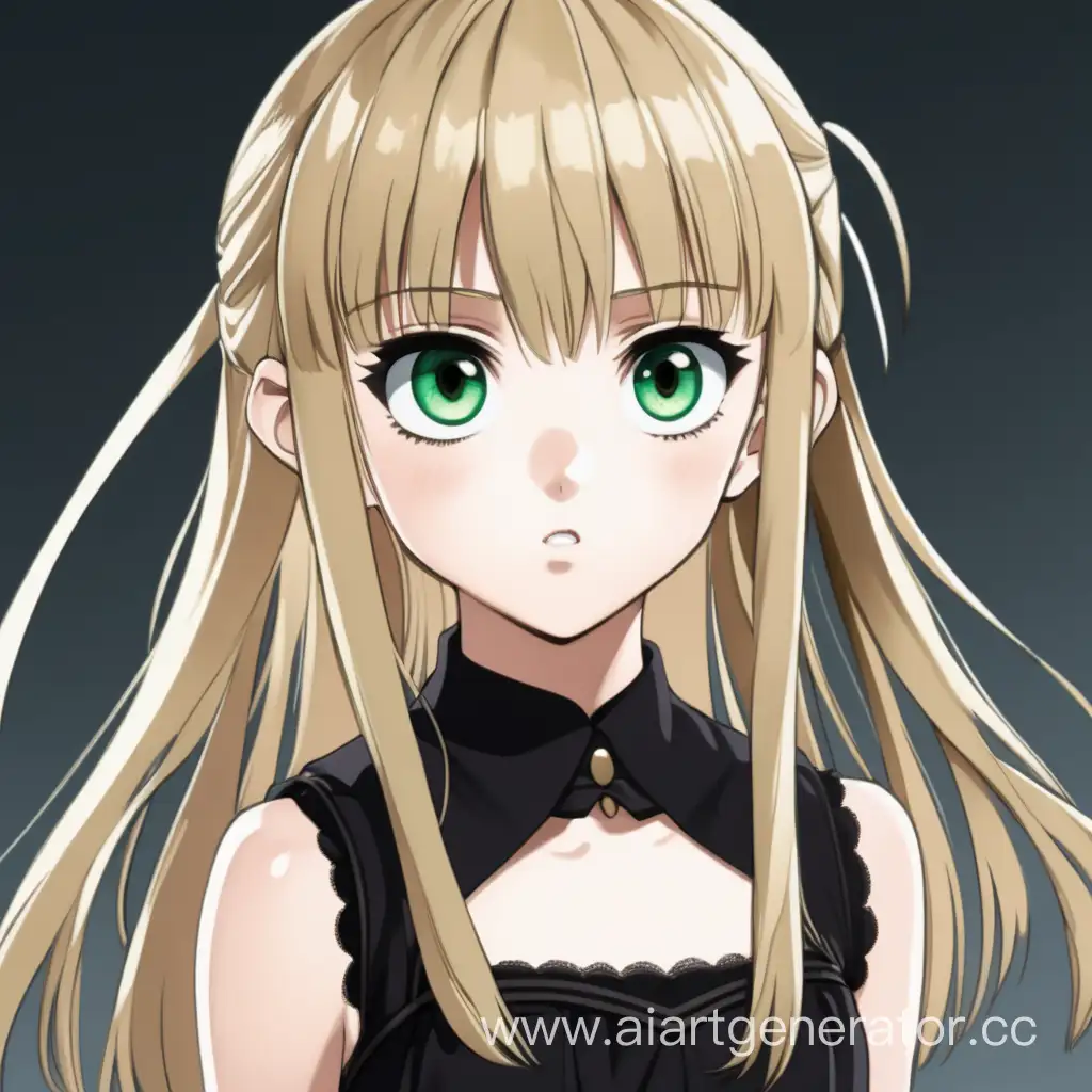 young girl, big beautiful green eyes, sweet face, short stature, long blonde hair with straight bangs, She looks scared, she's wearing a black dress, anime style.