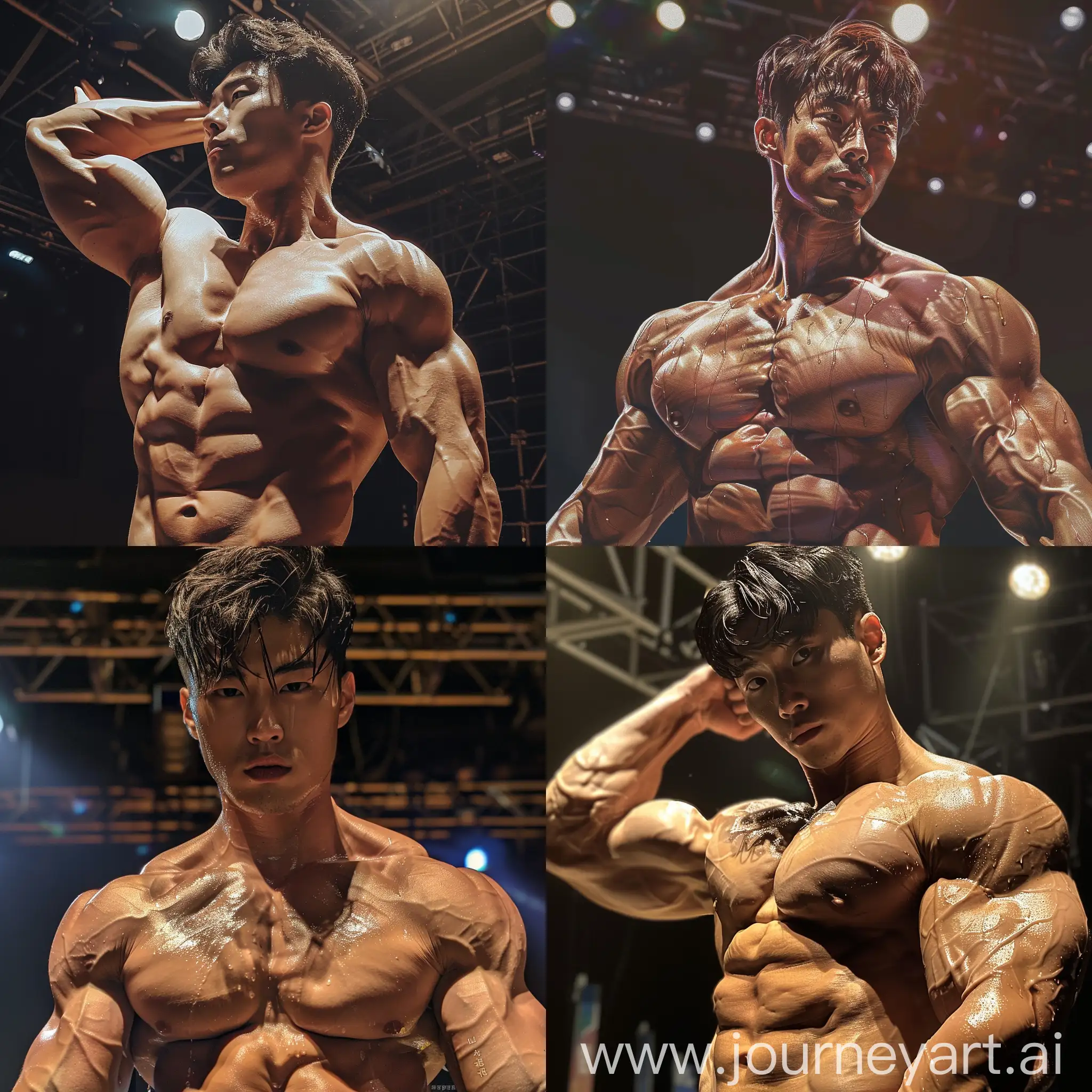 One Korean man  idol flex is hard woshboard  sculpted  abs.The image is taken with a close camera, enhancing the details of  face and body. The background is the stage.