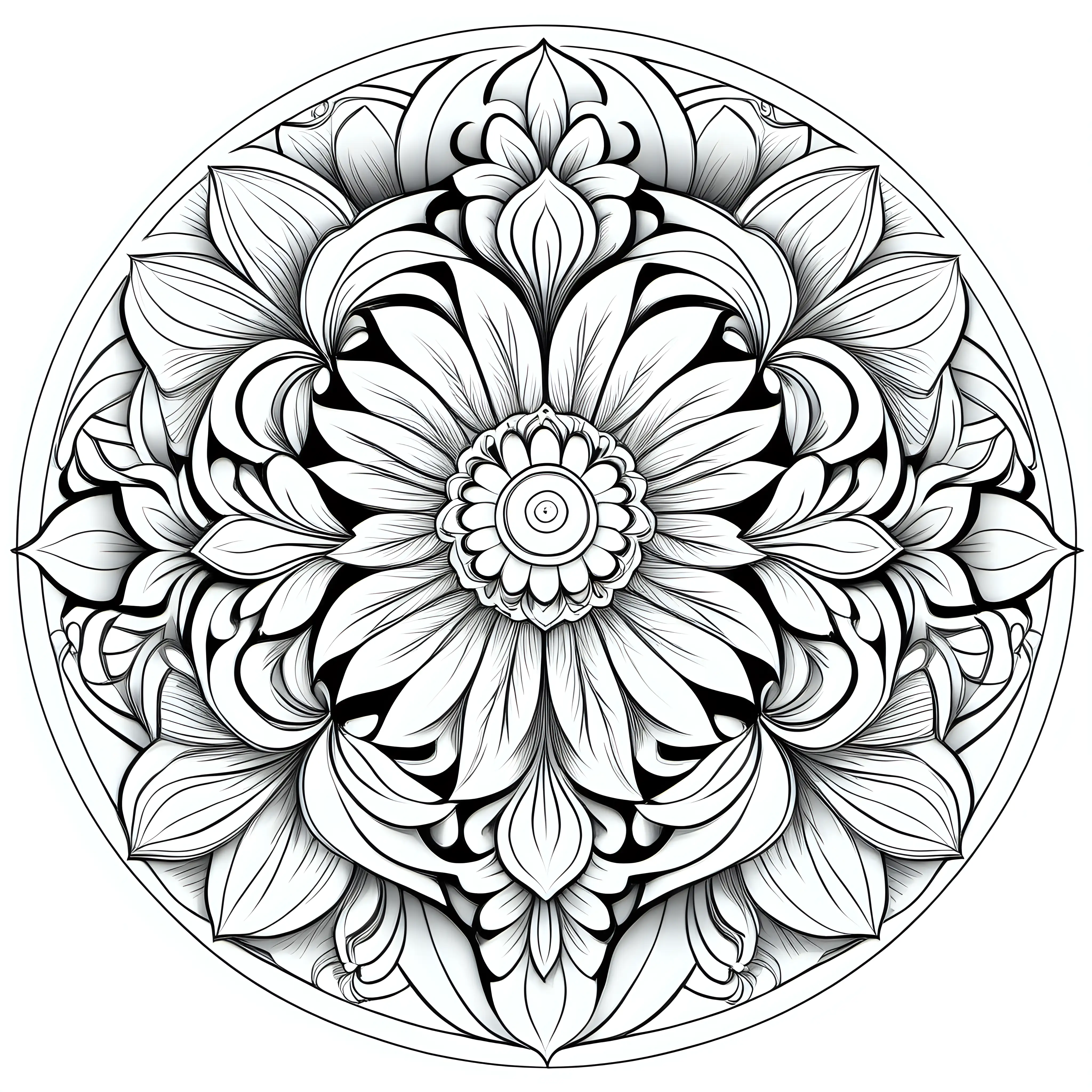 Craft a captivating floral mandala design suitable for coloring. Begin by centering the design around a floral motif or blossom. Embrace intricate and symmetrically arranged petals, leaves, and floral elements to form a balanced and engaging mandala pattern. Focus on creating clean and clear outlines that allow for easy coloring. Incorporate various flower types, such as roses, daisies, or lotuses, to add diversity and visual interest. Ensure the design provides ample space for creativity and coloring intricacies. Aim for a harmonious blend of floral elements, creating an engaging and relaxing coloring experience for enthusiasts.