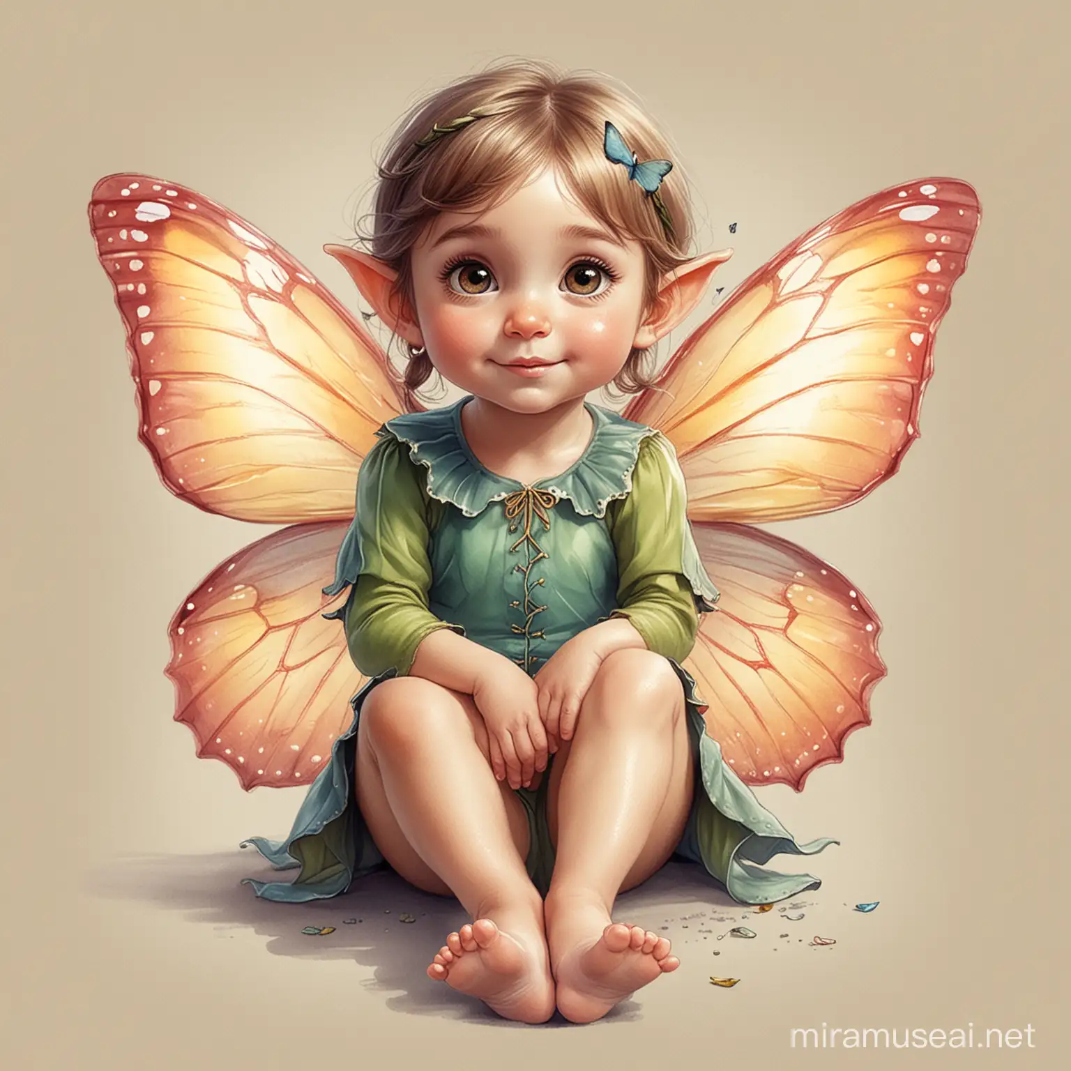 dessine moi un elfe : une  petite fille avec des ailes de papillon, représenté de la tête aux pieds assise en tailleur .
