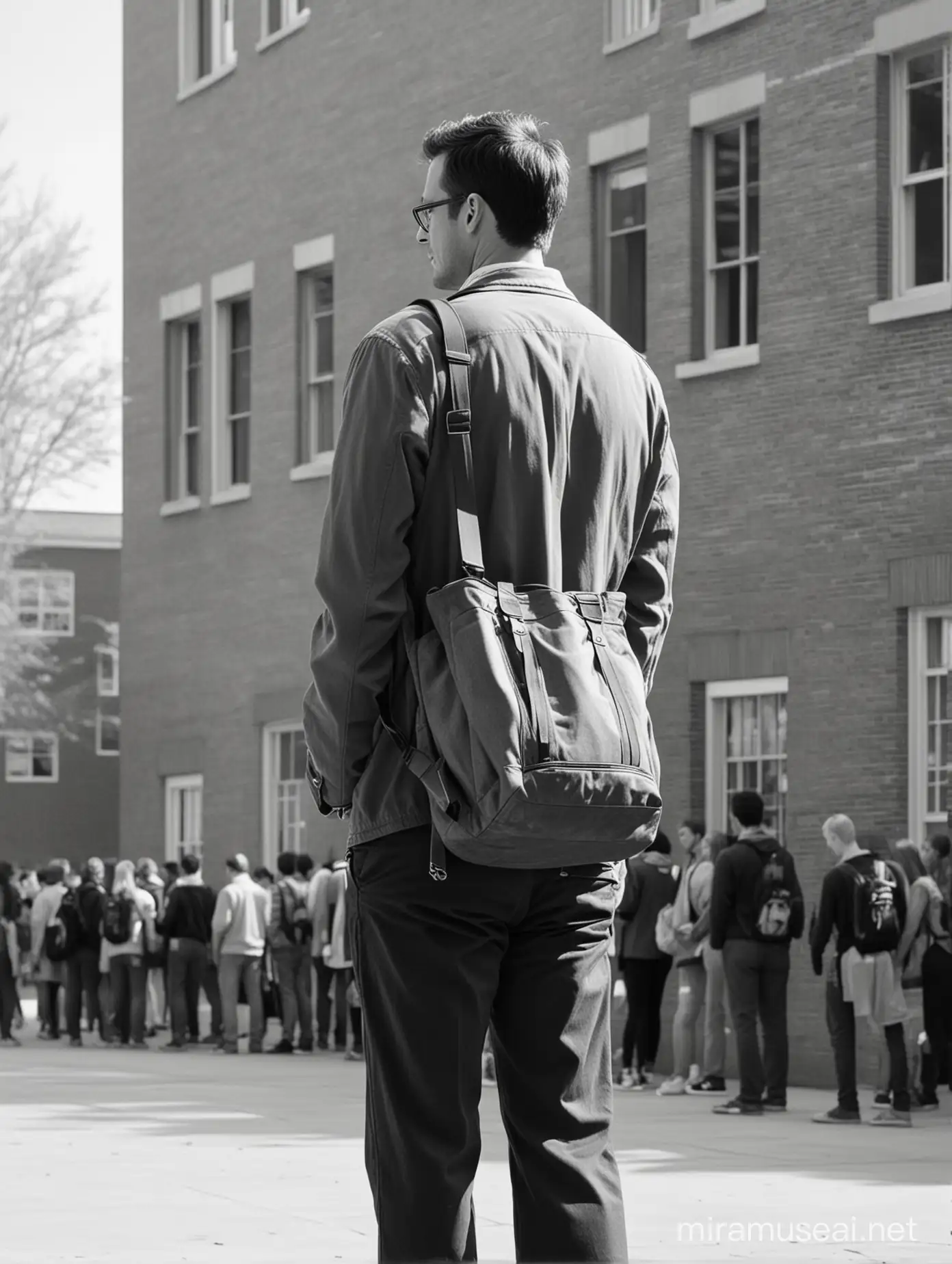 Line art, black and white, of a male teacher, bag in hand, standing, in the courtyard of a high school, classrooms around him, students standing further away