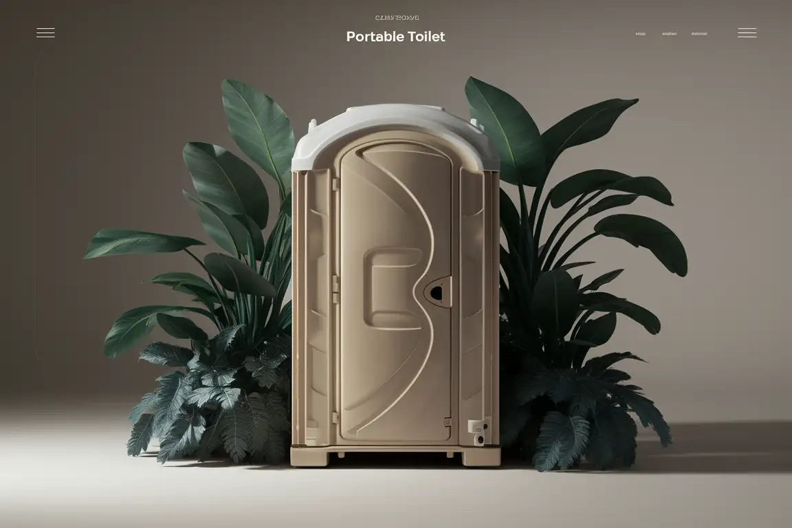 Hero section of a website about portable toilets. 1 single portable toilet, some plants with big leaves on it sides, neutral lighting and simple background.