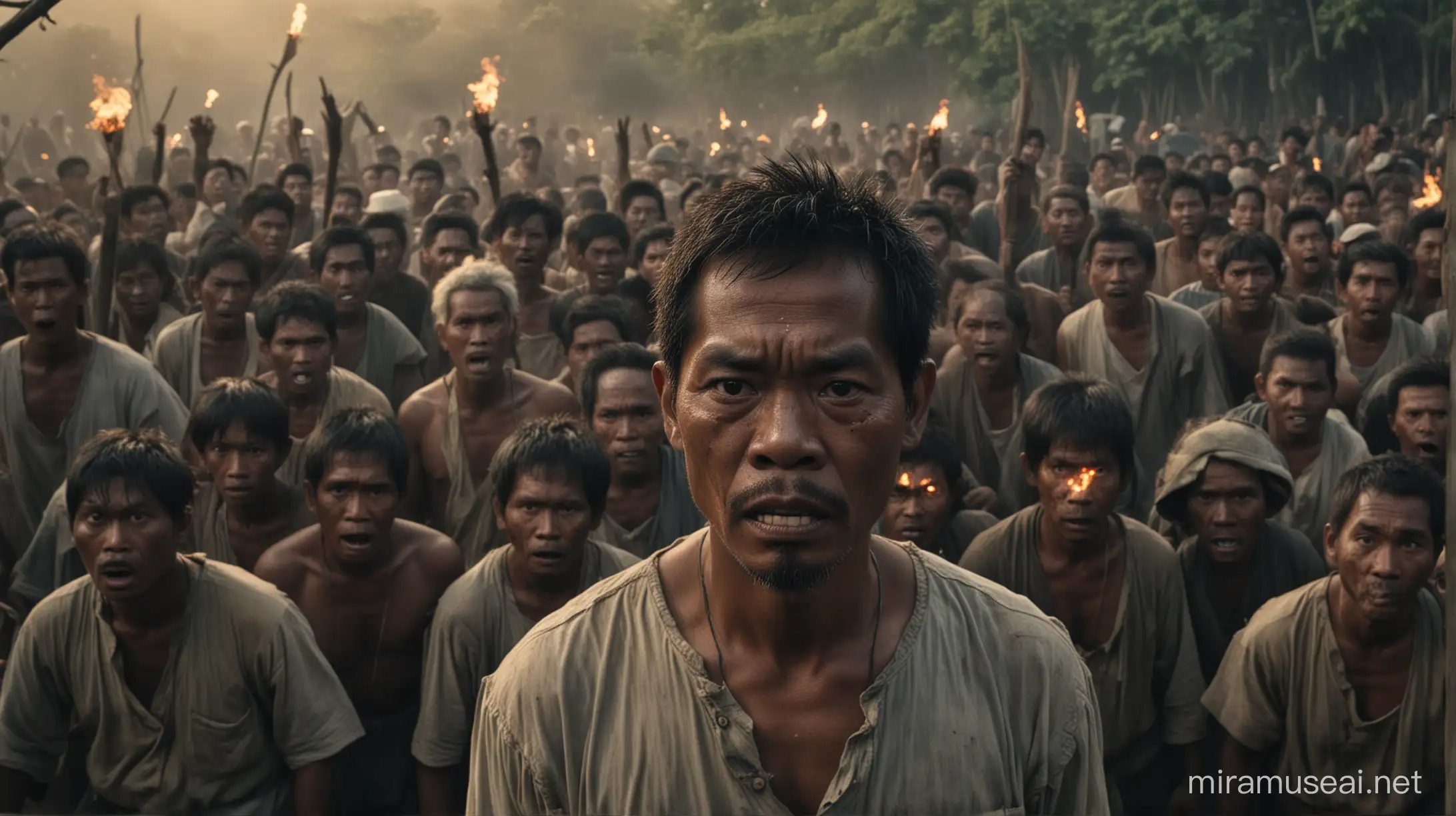 A strong and scary middle-aged Filipino man surrounded by ghoulish villagers with eyes like embers in rural Philippines during the late 19th century, cinematic, horror