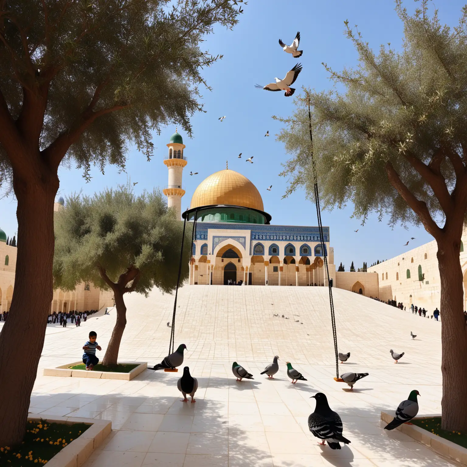 Atmosphere many children of Gaza playing with happiness in Al-Aqsa mosque, heavenly, some pigeons, beautiful olive trees, spring, flowers, the slide, swing.