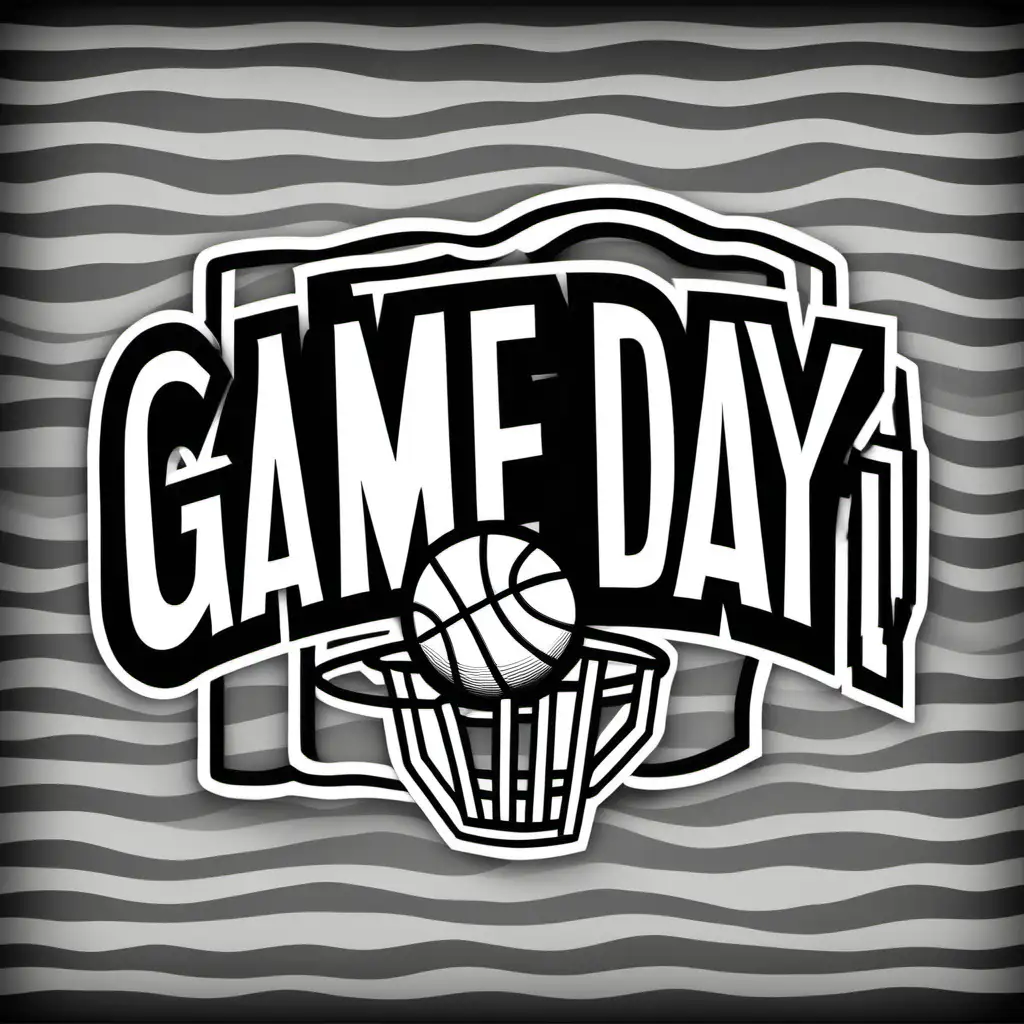 GAME DAY, WAVY LETTERS, BASKETBALL PLAYER, BASKETBALL GOAL, BLACK AND WHITE, NO BACKGROUND