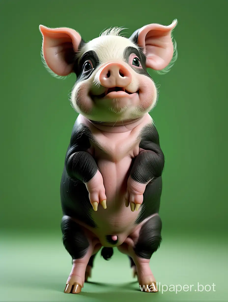Green screen background, realistic, a miniature black and white pig, standing on its hind legs, with its front legs crossed in front of its chest, facing the camera, distant shot, able to see the entire body.