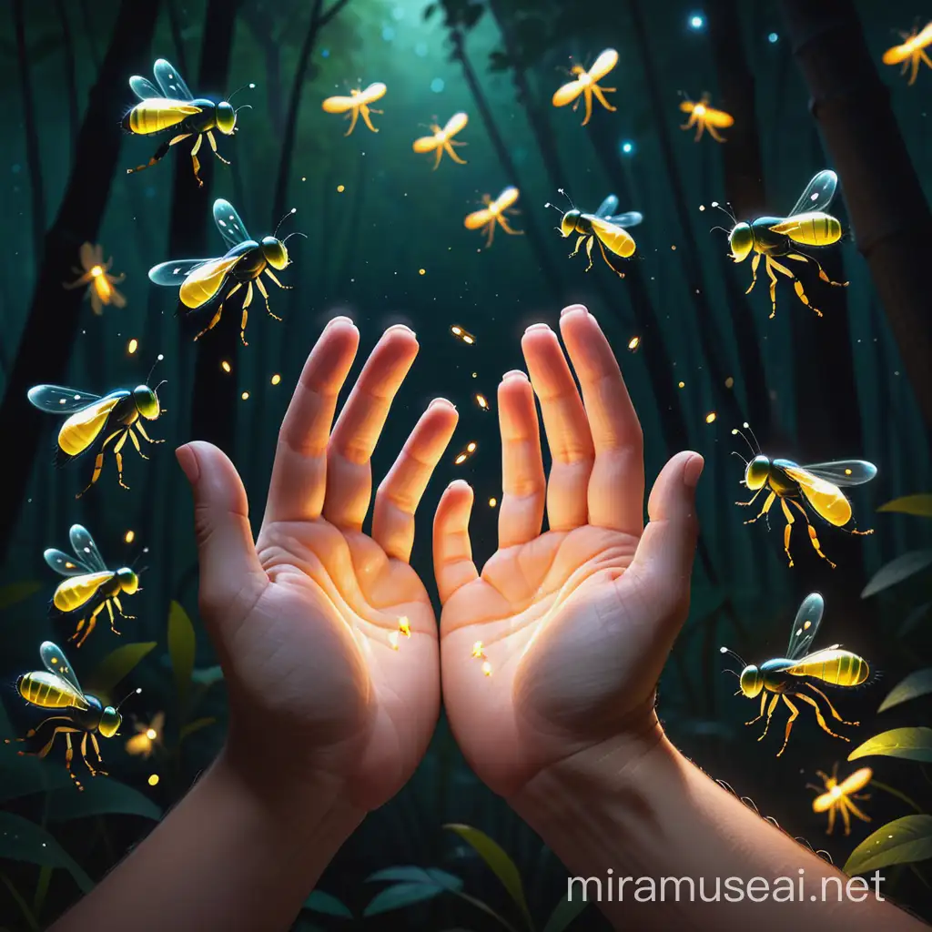 Glowing Fireflies Gathered in Circle Holding Hands