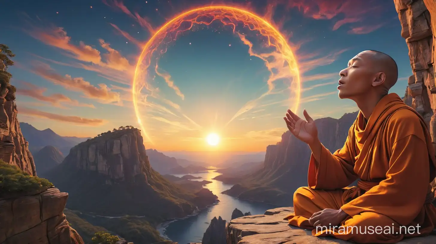 Psychedelic DMT visual of a monk throat singing on top of a scenic cliff at the edge of the universe at sunset with both the sun and moon visible. 