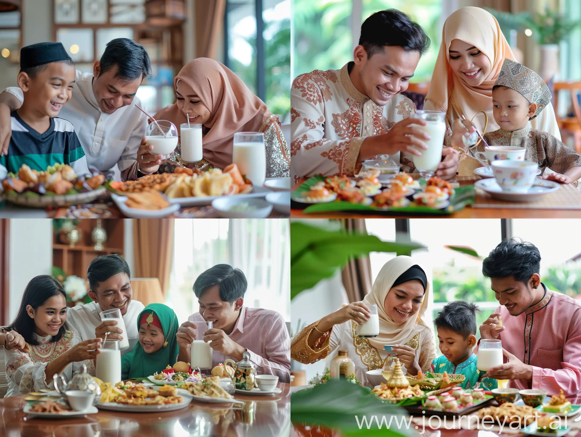 a raw photo of muslim family celebrating hari raya while drinking milk with traditional muslim appetizer on table, Sigma 24mm, wide angle, long shot composition