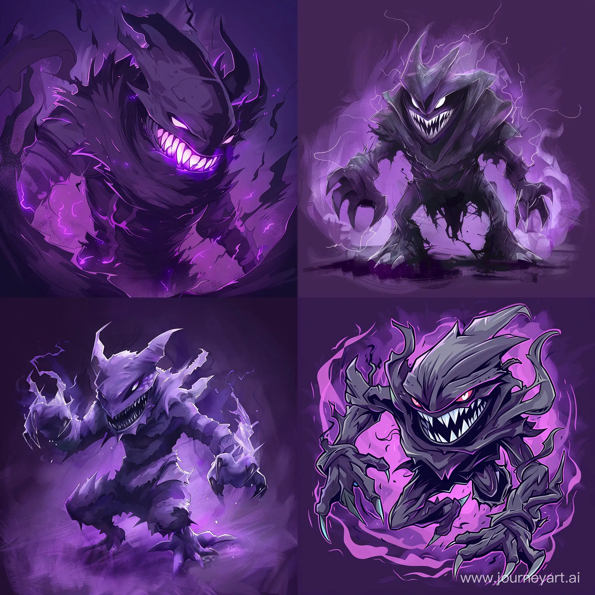 Draw the Haunter pokemon in dark fantasy style, purple background