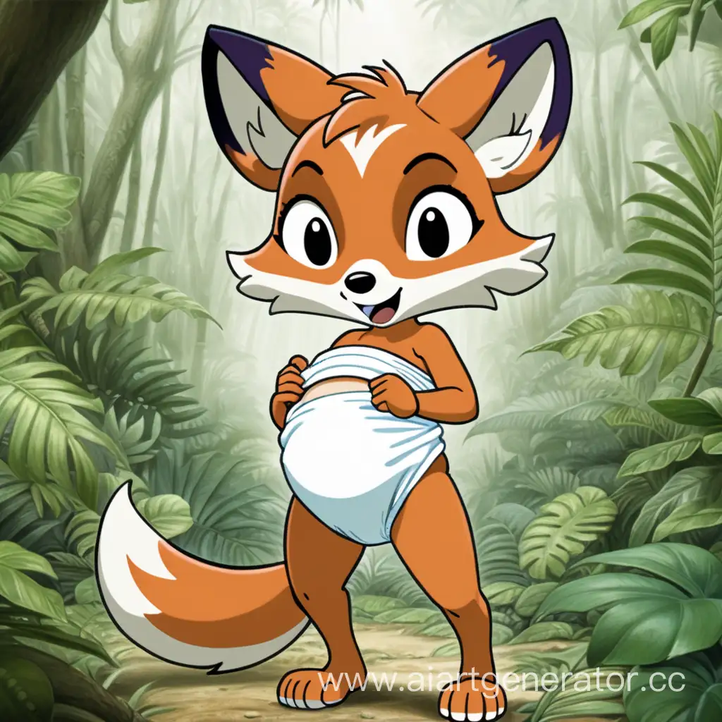 A three-year-old anthropomorphic fox (female) (wearing no clothes other than a white diaper) stands in the middle of the jungle holding the front of her diaper with her hands