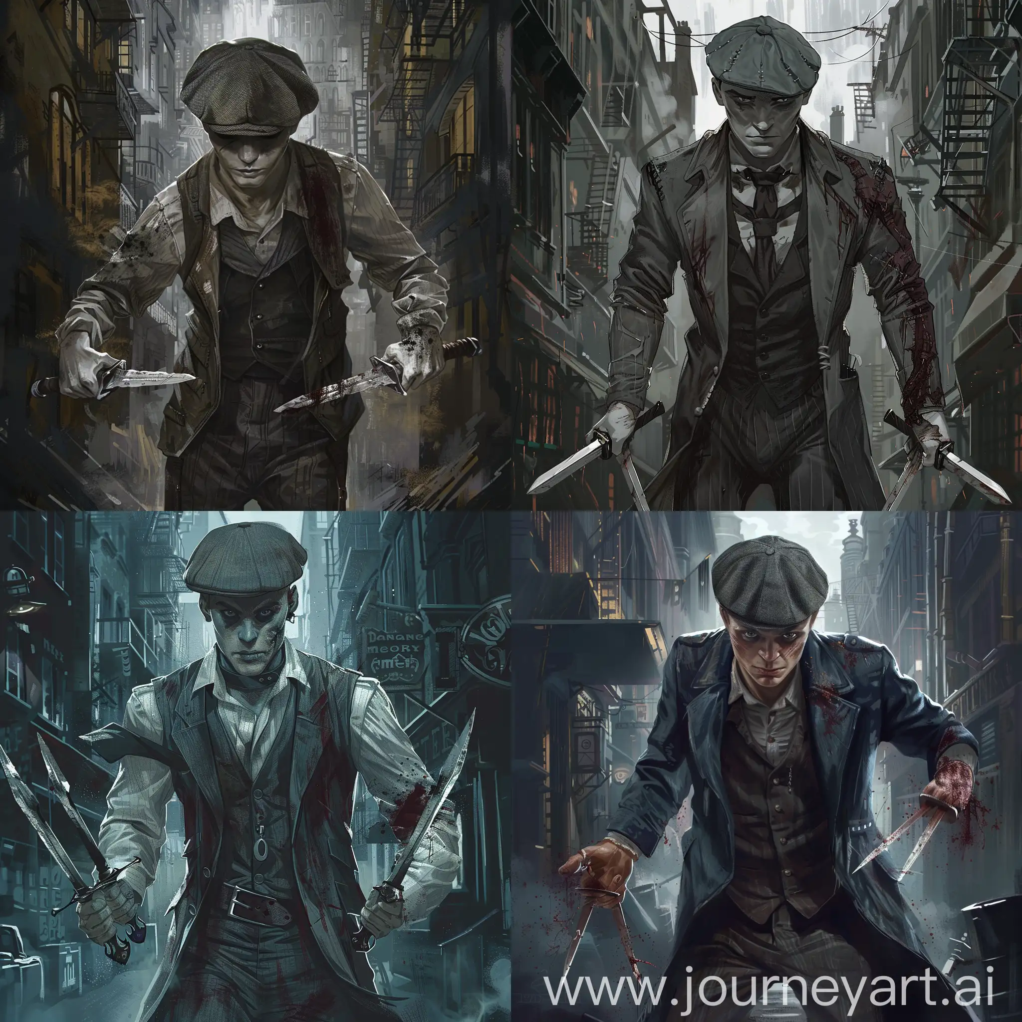Draw a character from the Dungeons and Dragons universe according to the following description: He is a 20 years old male changeling dressed in clothing in the style of peaky blinders. He is holding a dagger in each hand. He is wearing a flat cap. His eyes are dark.  He has a scar on his face. His skin is light grey, almost white like ash. He is standing in the middle of an industrial city hiding in the shadows. Use a steampunk style art