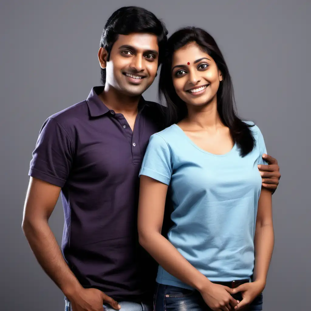 Generate an image of a loving Indian couple standing together. The man should be wearing a casual shirt, and the woman should be wearing jeans and a t-shirt. They should appear happy and relaxed