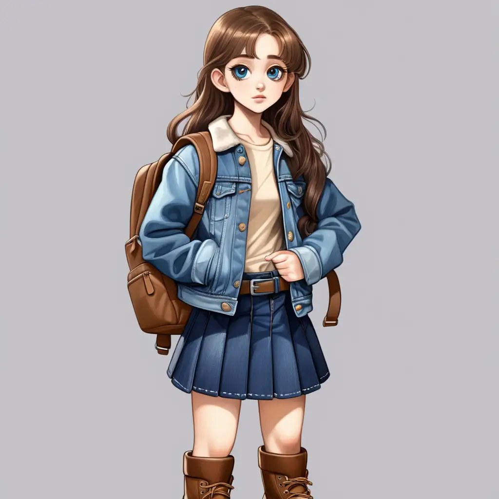 White teenage school girl with big eyes long hair wearing a skirt shirt and blue jean jacket with brown boots and a brown backpack show length of full body