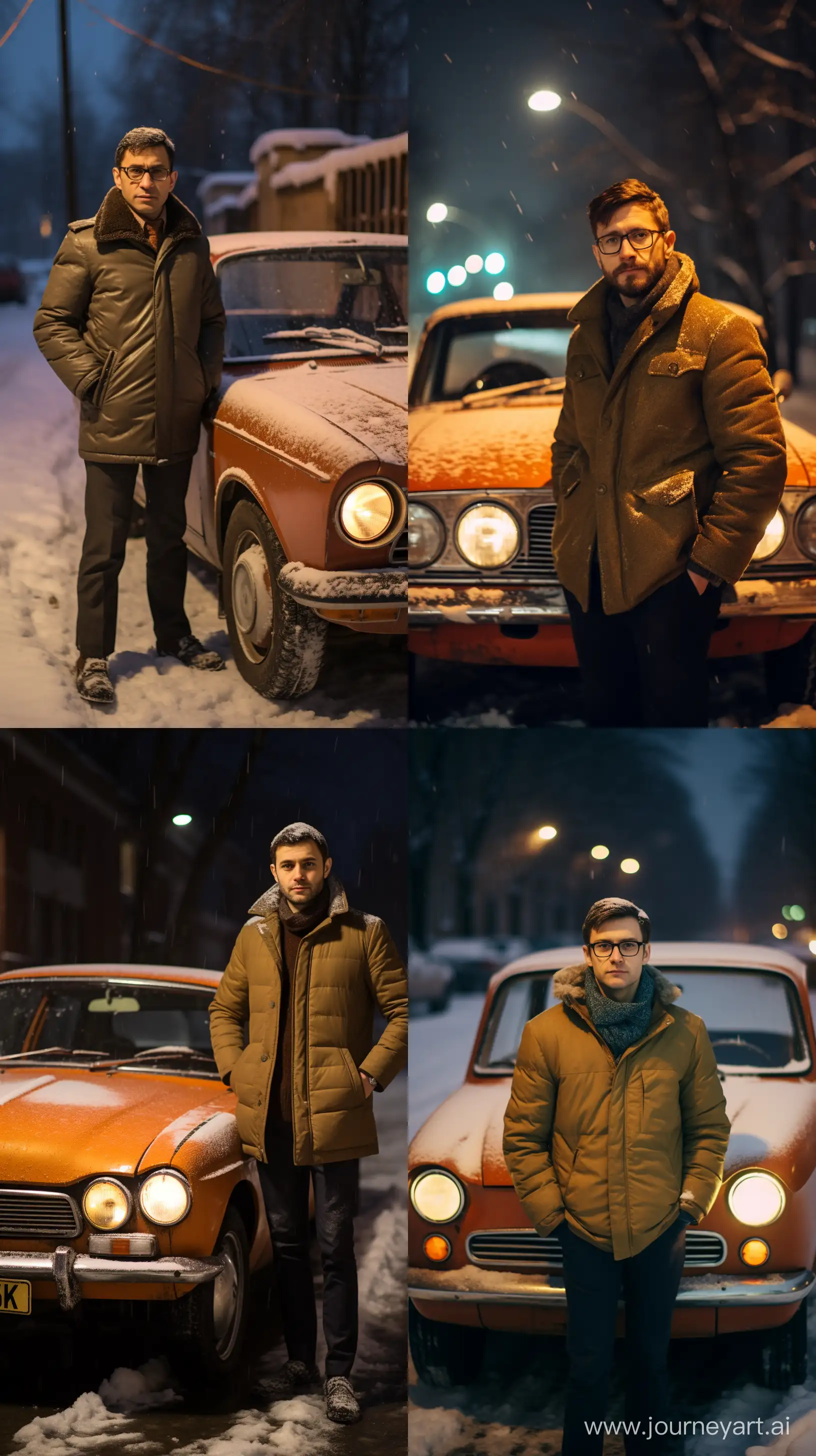A man with brown hair, in the 60s and 70s of the USSR, stylishly dressed, standing next to a car Ваз 2101, it's snowing in winter, the lights are on in the evening,man aged 40, Canon EOS 5D Mark IV DSLR, f/8 aperture, 1/125 second shutter speed, ISO 800, professional lighting setup, Adobe Photoshop, attention to detail::3 --ar 9:16