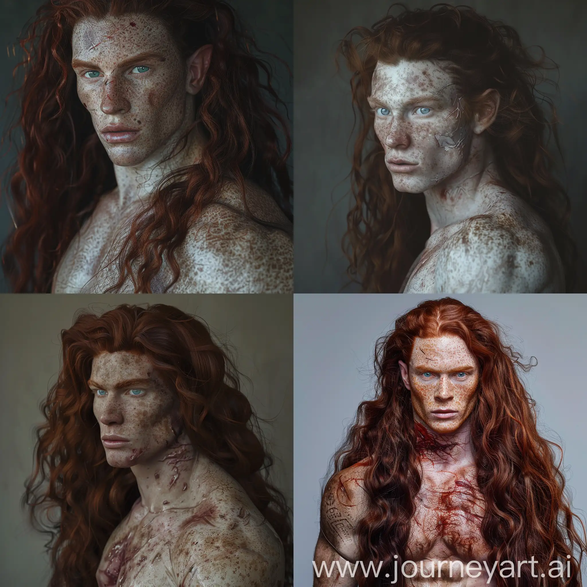 realistic photo of an androgynous person. muscular build and pale skin with nordic features. they have a mass of long wavy dark red hair, ice blue eyes, and a face covered in scars.