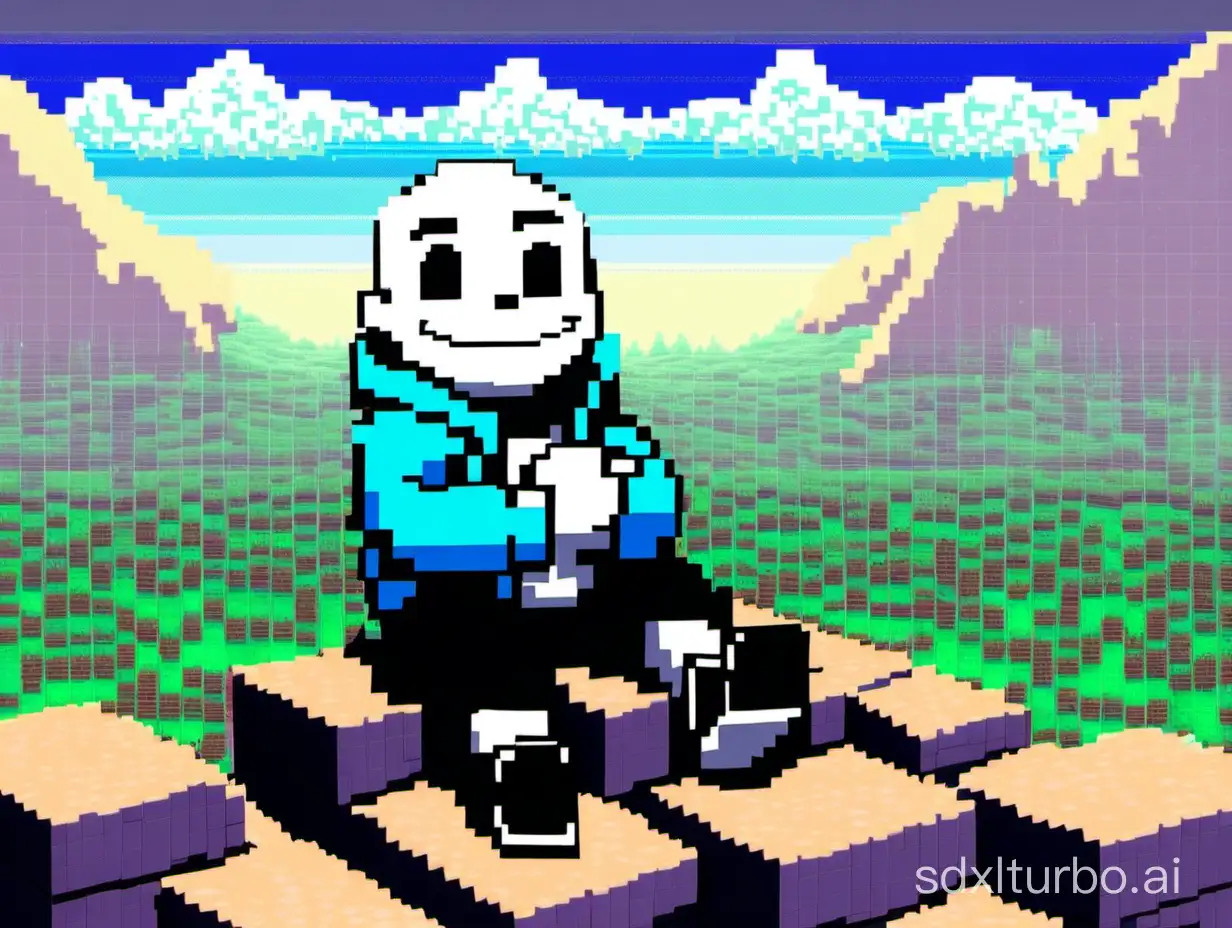 A picture of Sans from Undertale sitting on a pixelated landscape, happy, with his hand raised
