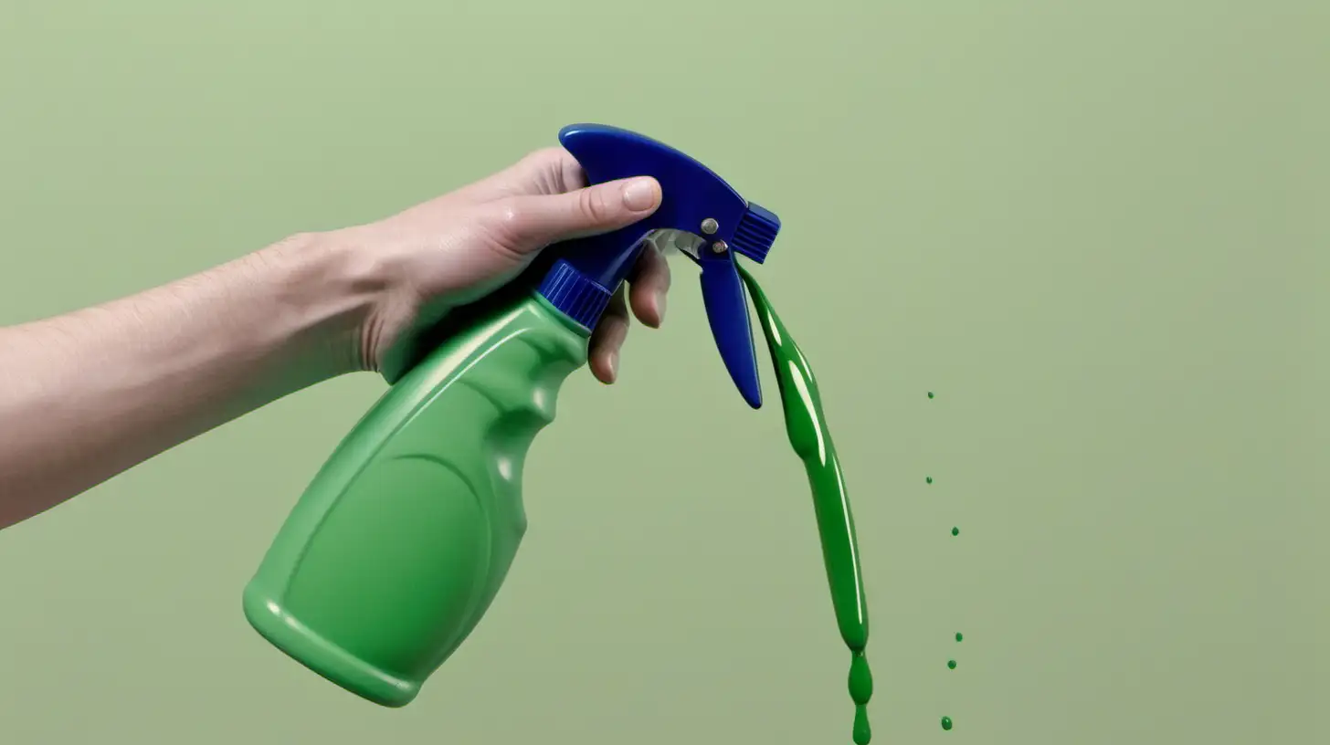 hand holding cleaning spray handle with green liquid

