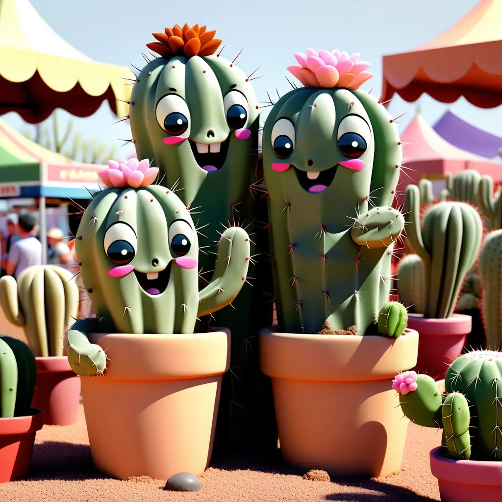 Joyful Cartoon Cacti Embracing in a Vibrant Fair