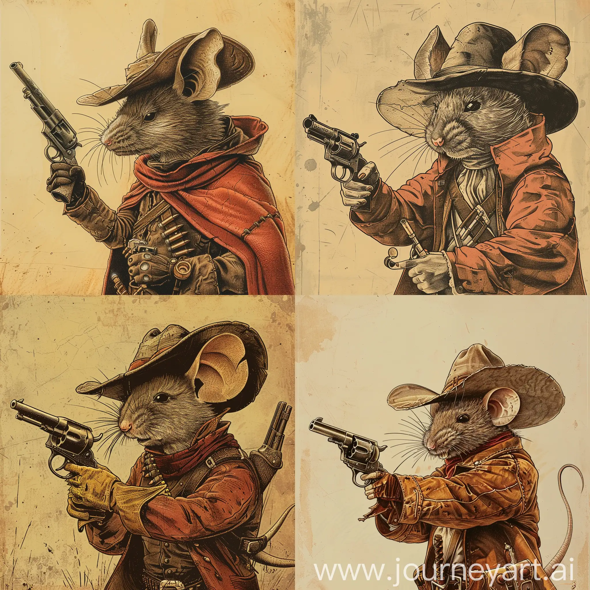 1970's dark fantasy book cover paper art dungeons and dragons style drawing of a mouse in gunslinger attire holding a revolver