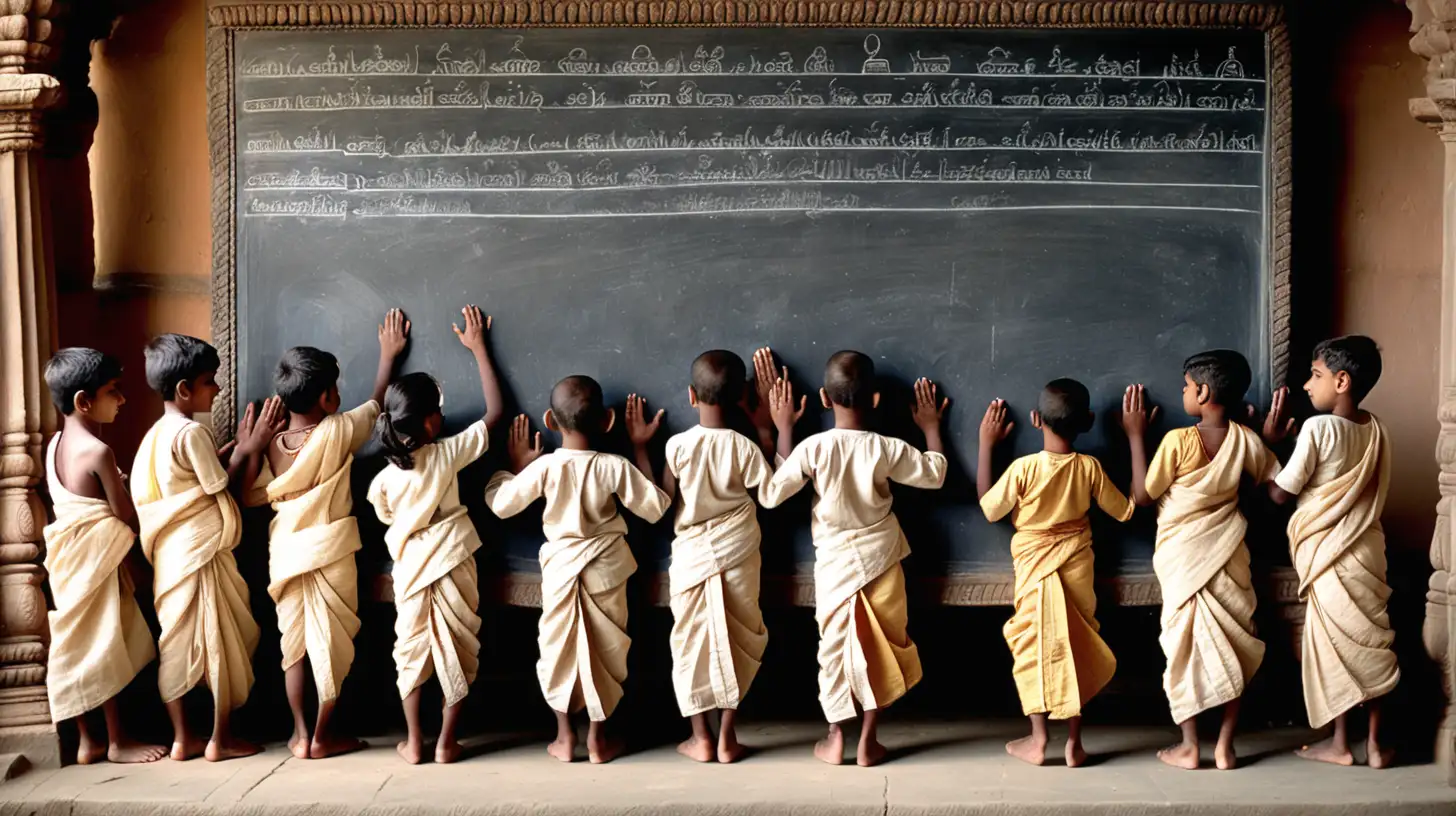 Kids in dhoti are standing and folding hands towards the black board in a hindu temple school  4th century

