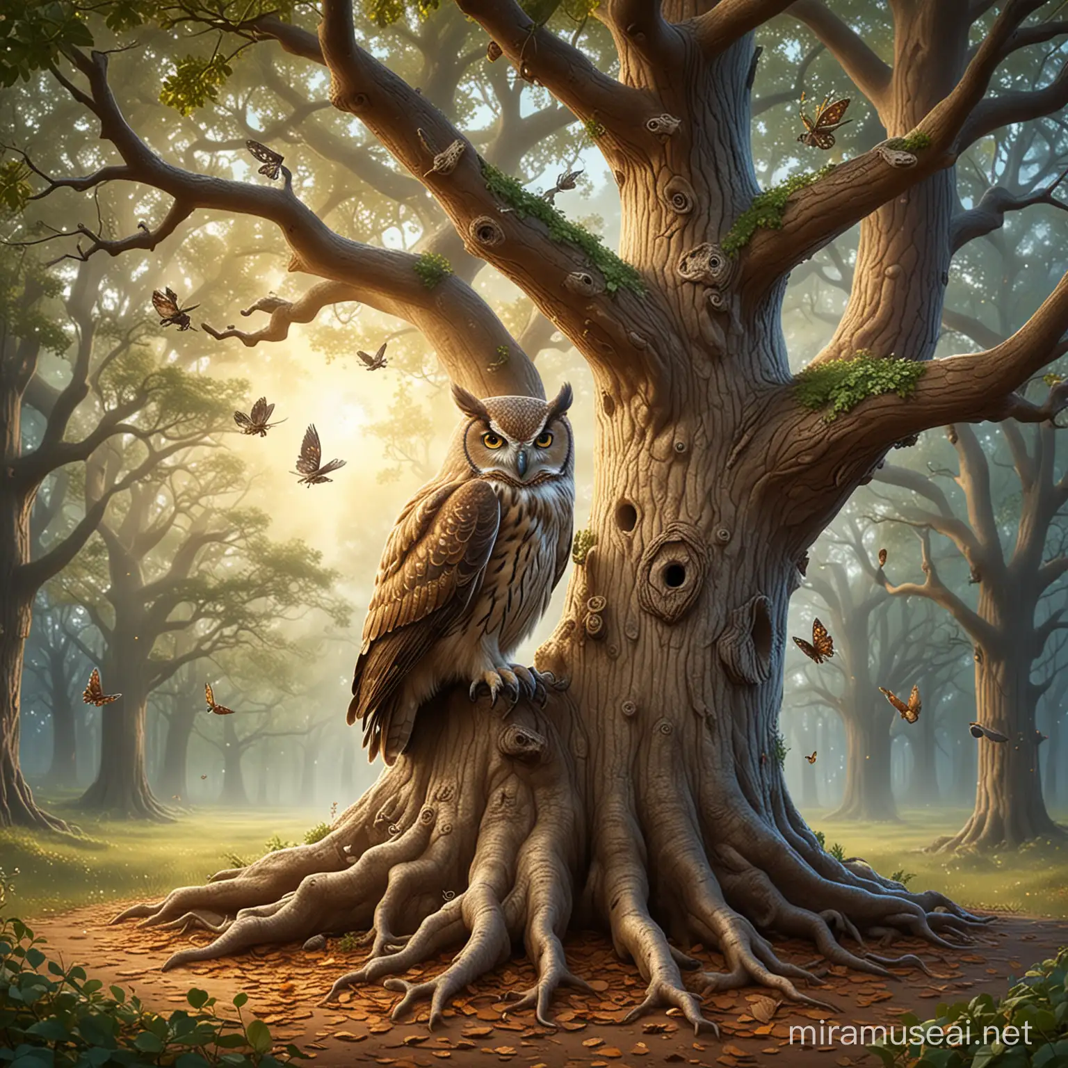 a magical oak tree with an old owl for a children's book