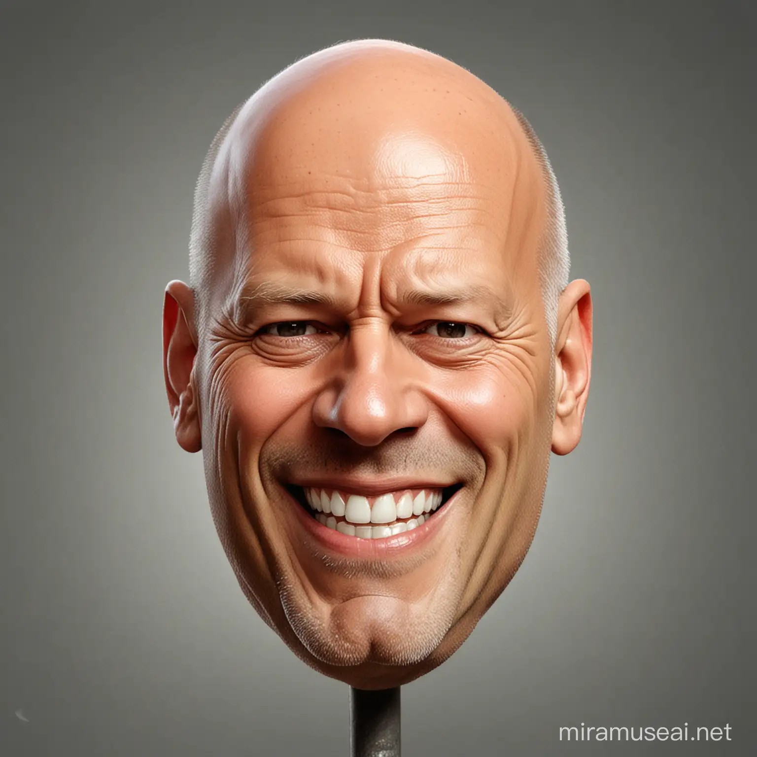 eine Karikatur. Ein Kopf.  Mische the Rock und Bruce Willis. Lächelnd

