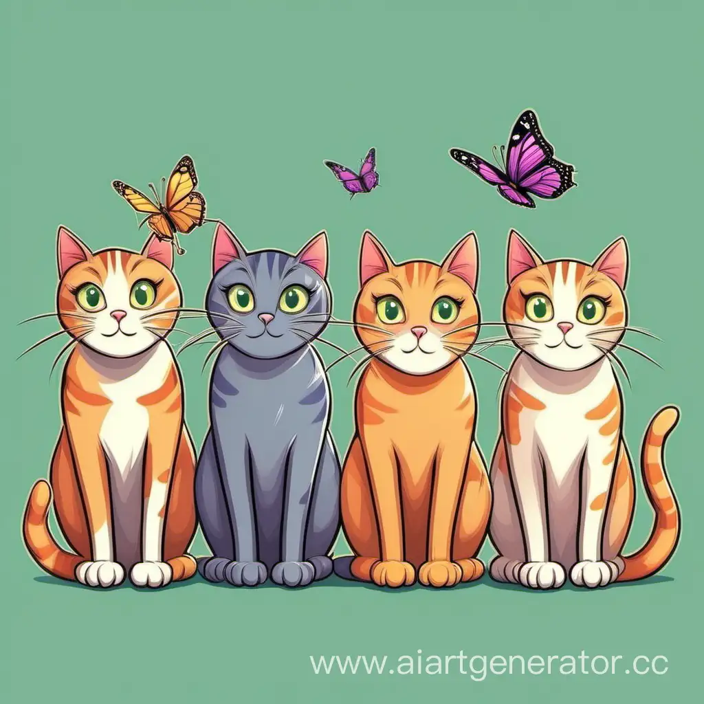 три  кошки в мультяшном стиле, одна кошка ловит бабочку, вторая кошка крадется, третья сидит