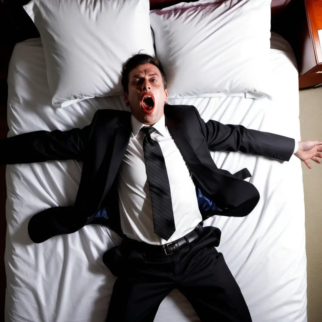 Businessman Suffocating on Bed in Formal Attire