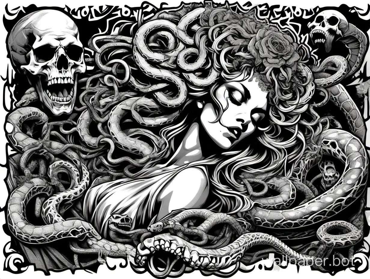 skull medusa odalisque, front head , sexy crazy face, open mouth with tongue, chaos ornamental, crazy snakes, darkness, assimetrical, chinese poster, torn poster edge, alphonse mucha hiperdetailed, highcontrast, black white, explosive dripping colors, sticker art