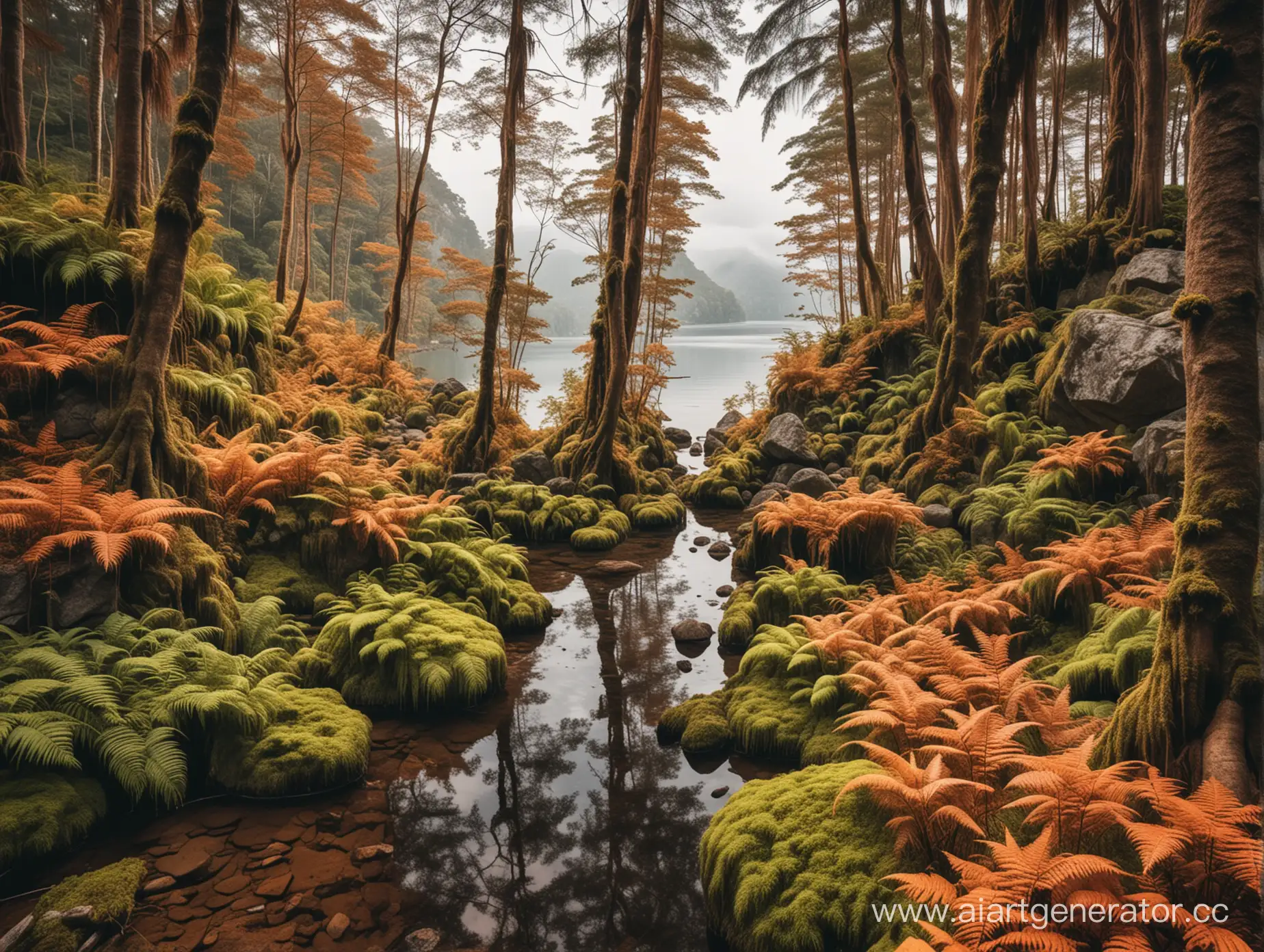 Majestic-Fern-Trees-and-Lakeside-Serenity-Aerial-View-of-Mossy-Rocks-and-Towering-Stones
