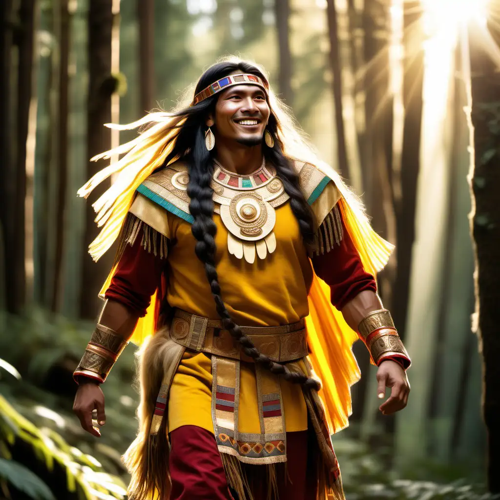 Majestic Inca Warrior Strolling in Sunlit Forest