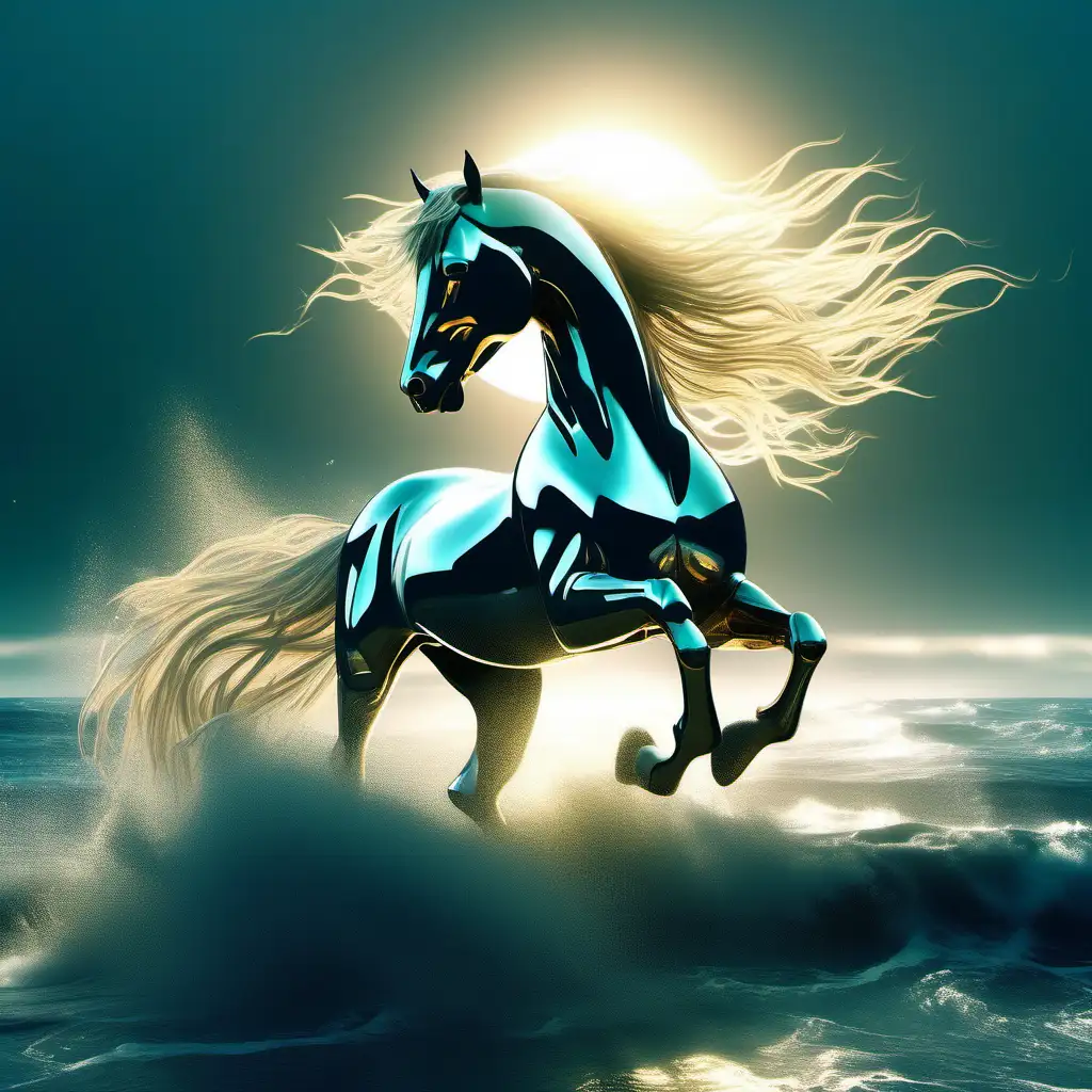A futuristic goddess horse rises up from the sea, the wind sings a gentle song, the sea weed waves in the wind, the sun rays give magical light, cinematic style