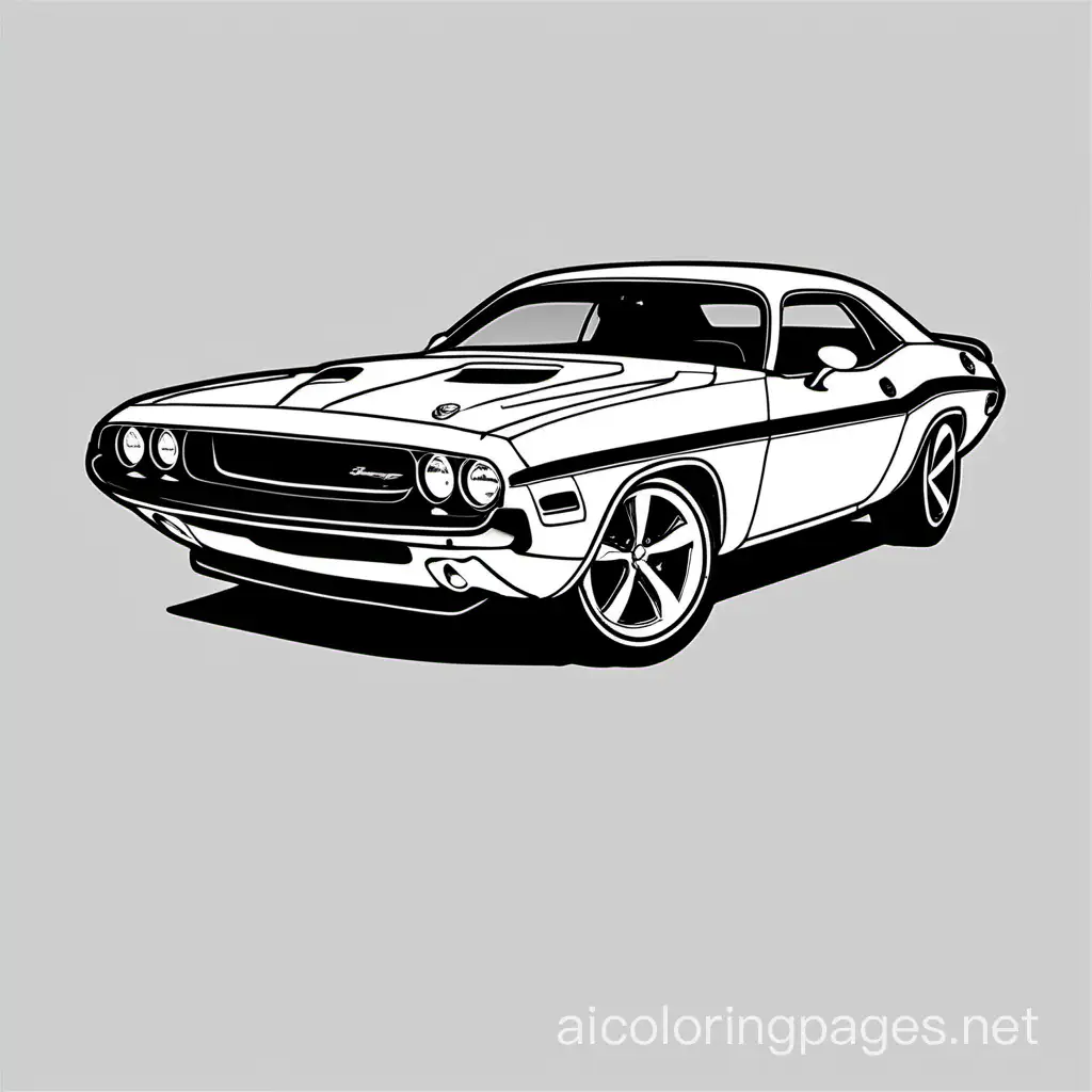 Dodge Challenger R/T (1971):, Coloring Page, black and white, line art, white background, Simplicity, Ample White Space. The background of the coloring page is plain white to make it easy for young children to color within the lines. The outlines of all the subjects are easy to distinguish, making it simple for kids to color without too much difficulty