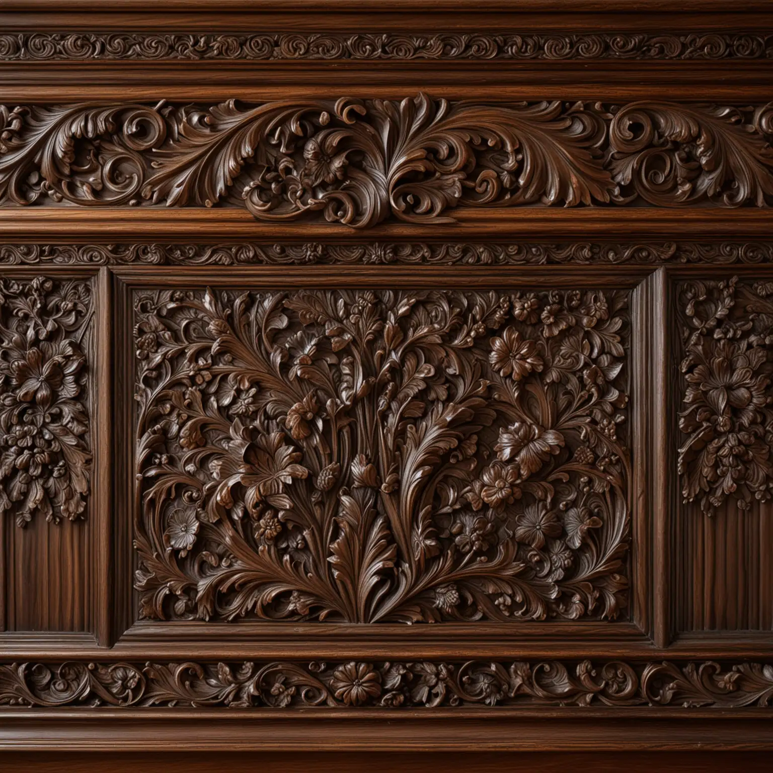 FINELY CARVED DARK WOOD WAINSCOTTING SURROUNDED BY AN INTRICATELY CARVED FRAME IN THE STYLE OF NARNIA