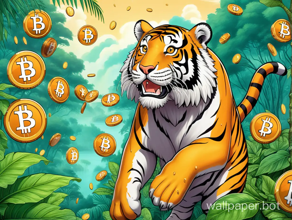 Bitcoin-Rain-in-Lush-Jungle-with-Playful-Tiger-Digital-Currency-Concept