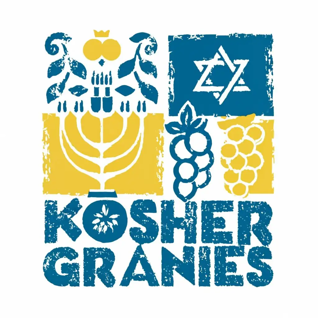 logo, Israel, yellow, blue, white, green, Menorah, Paul Klee, pomegranate, grape, with the text "Kosher Grannies", typography, be used in Automotive industry