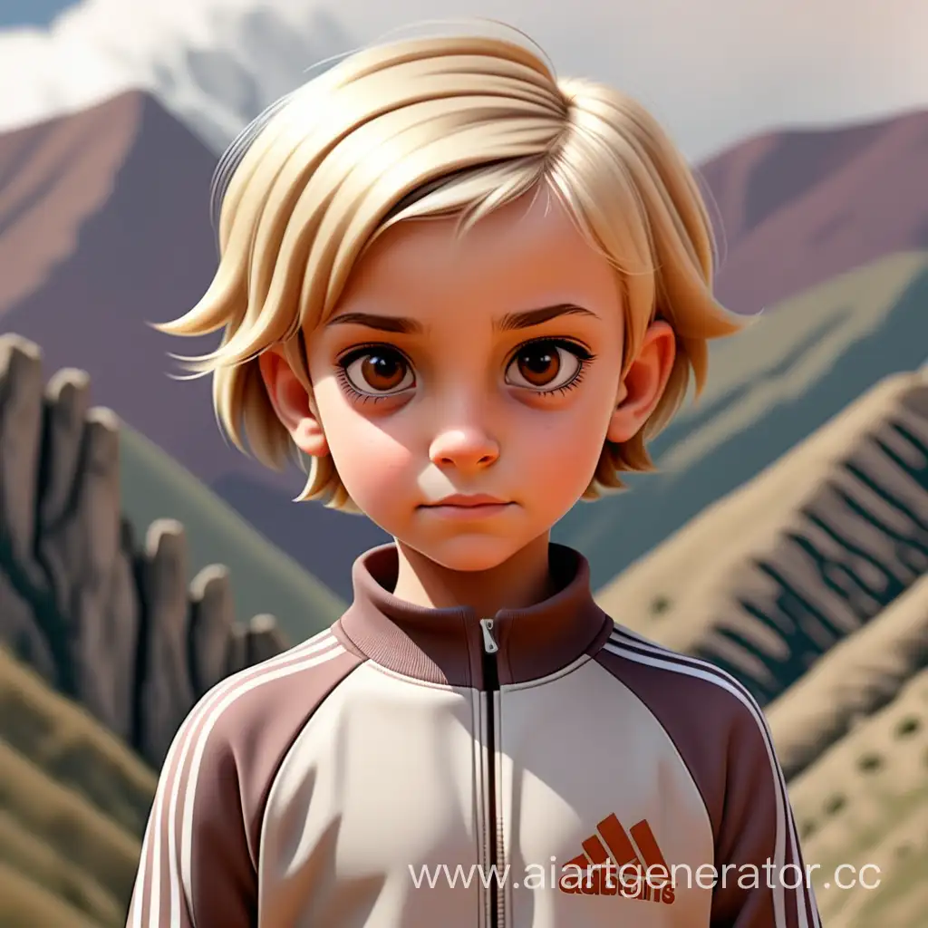 девочка 10 лет с короткими русыми волосами с карими глазами, в спортивном костюме, на фоне гор.