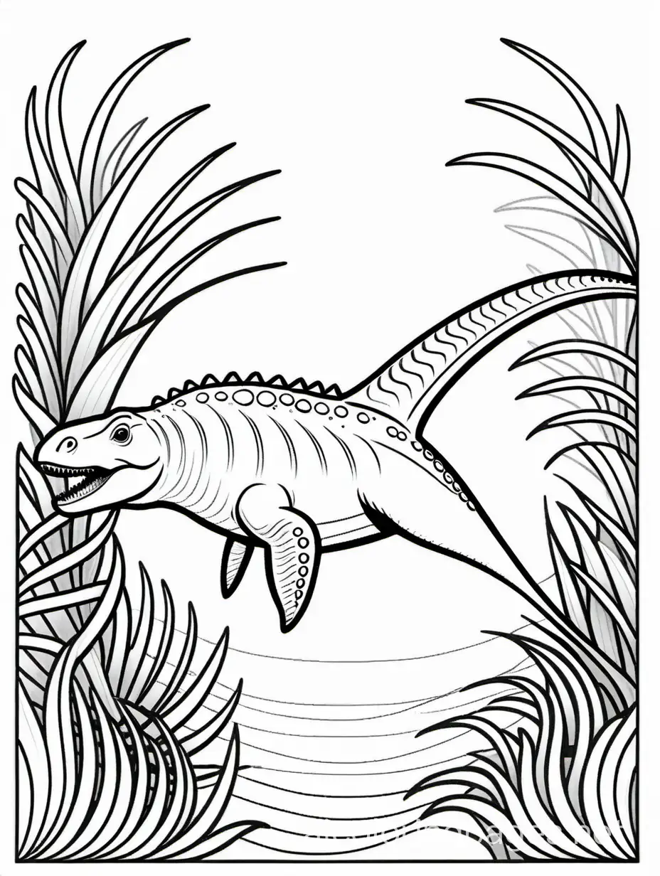 Ichthyosaurs dinosaur, Coloring Page, black and white, line art, white background, Simplicity, Ample White Space. The background of the coloring page is plain white to make it easy for young children to color within the lines. The outlines of all the subjects are easy to distinguish, making it simple for kids to color without too much difficulty