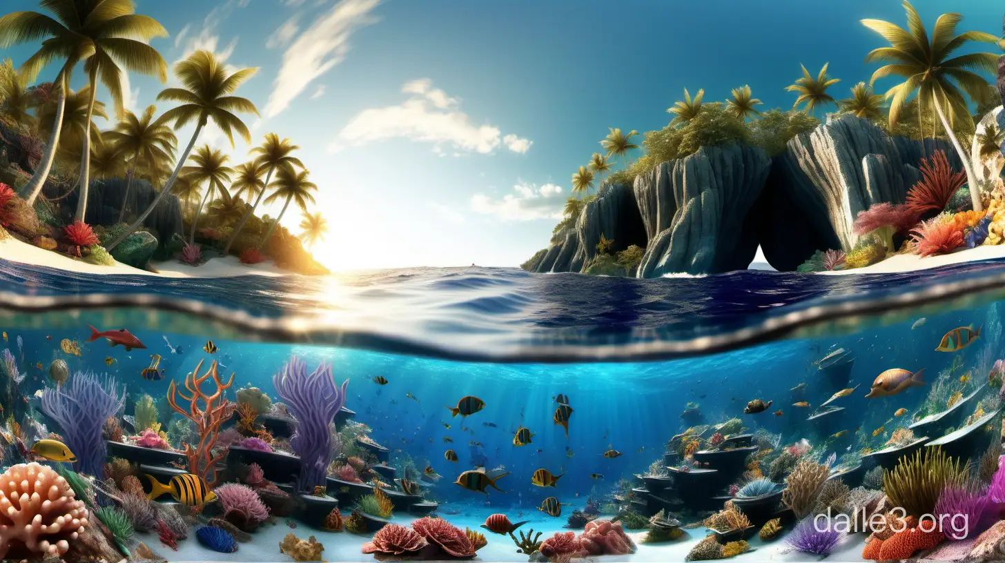 Render a breathtakingly detailed 3D panorama of Mermaid Cove at the golden hour with shimmering crystal-clear waters a variety of mermaids with iridescent tails lounging on the rocks and an abundance of colorful coral reefs teeming with exotic marine life The scene should be infused with a magical glow highlighting the intricate textures and ethereal beauty of this underwater paradise