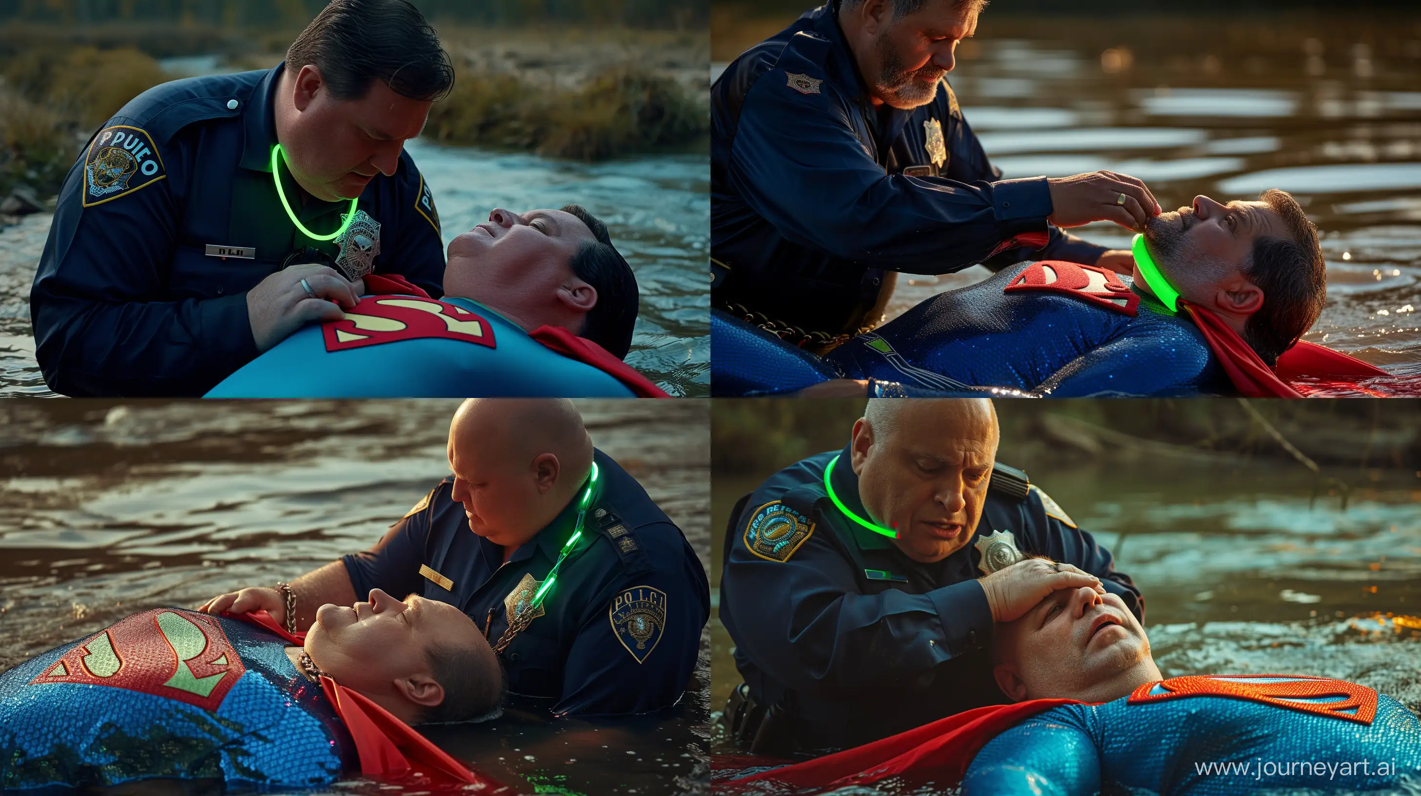Close-up photo of a fat man aged 60 wearing silk navy police jumpsuit. He is tightening a tight green glowing neon dog collar on the neck of a fat man aged 60 wearing a tight blue 1978 smooth superman costume with a red cape lying in the water. River. Natural Light. --style raw --ar 16:9